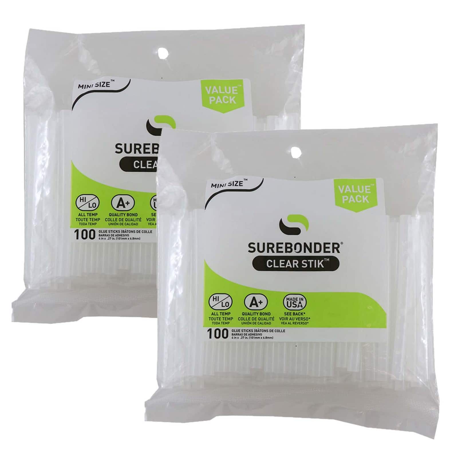Surebonder® Clear Dual Temp Mini Glue Sticks, 2 Packs of 100
