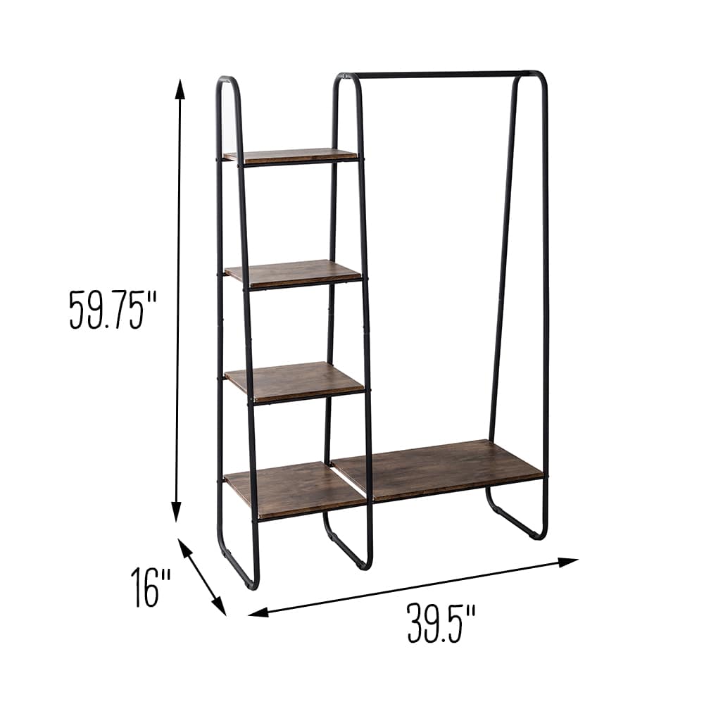 Honey Can Do Black/Natural Freestanding Metal Clothing Rack with Wood Shelves