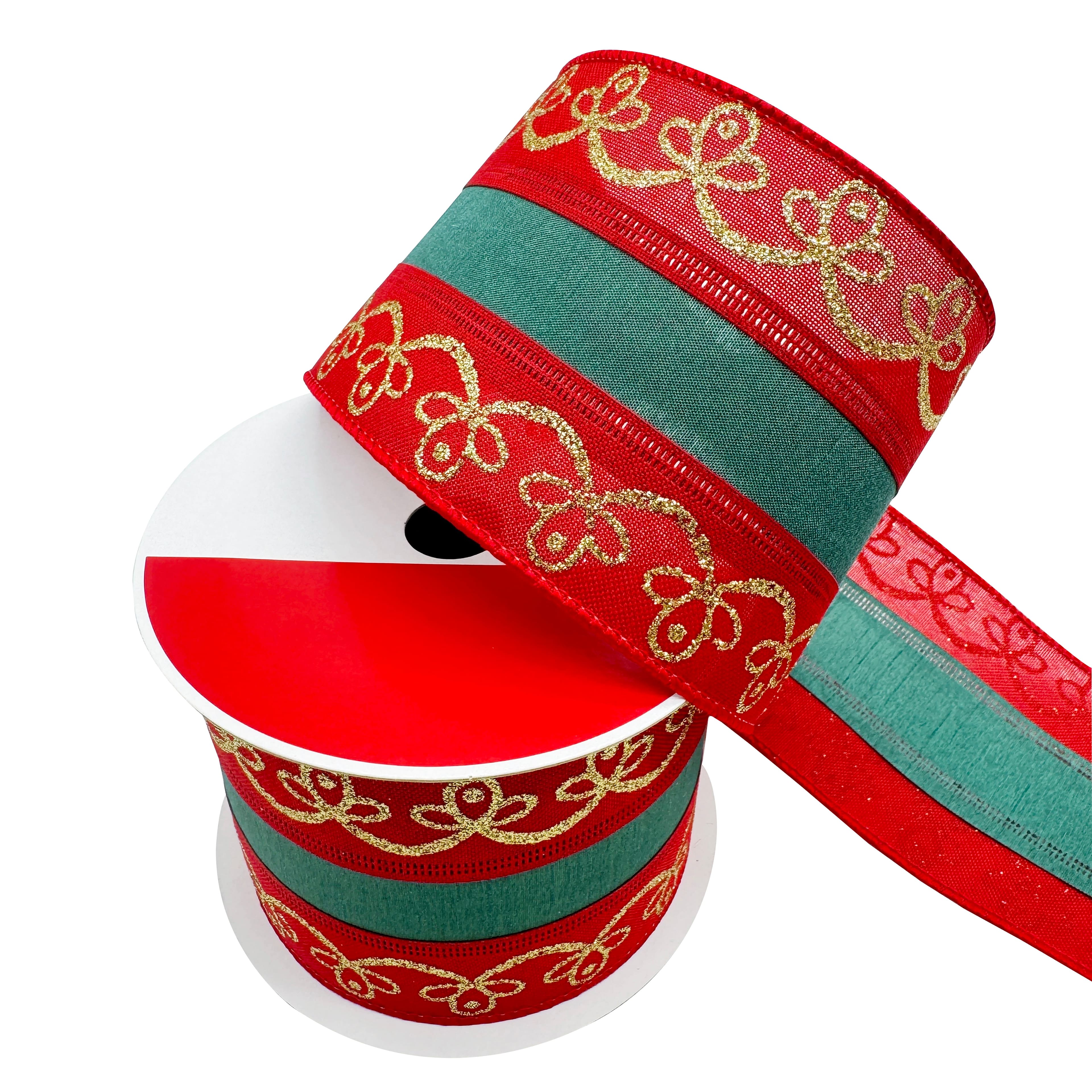 3.5" x 15ft. Red & Green with Gold Scroll Wired Ribbon by Celebrate It®