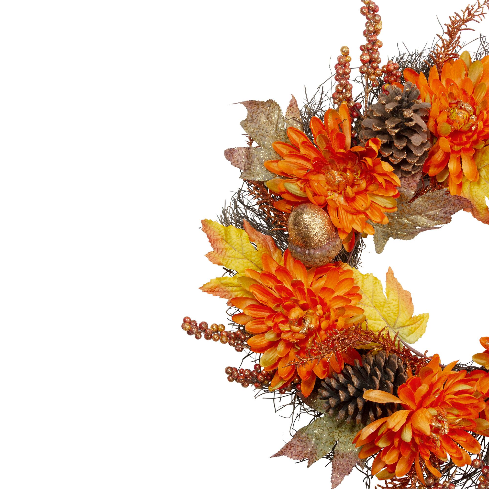 22&#x27;&#x27; Mums &#x26; Acorns Floral Twig Artificial Wreath
