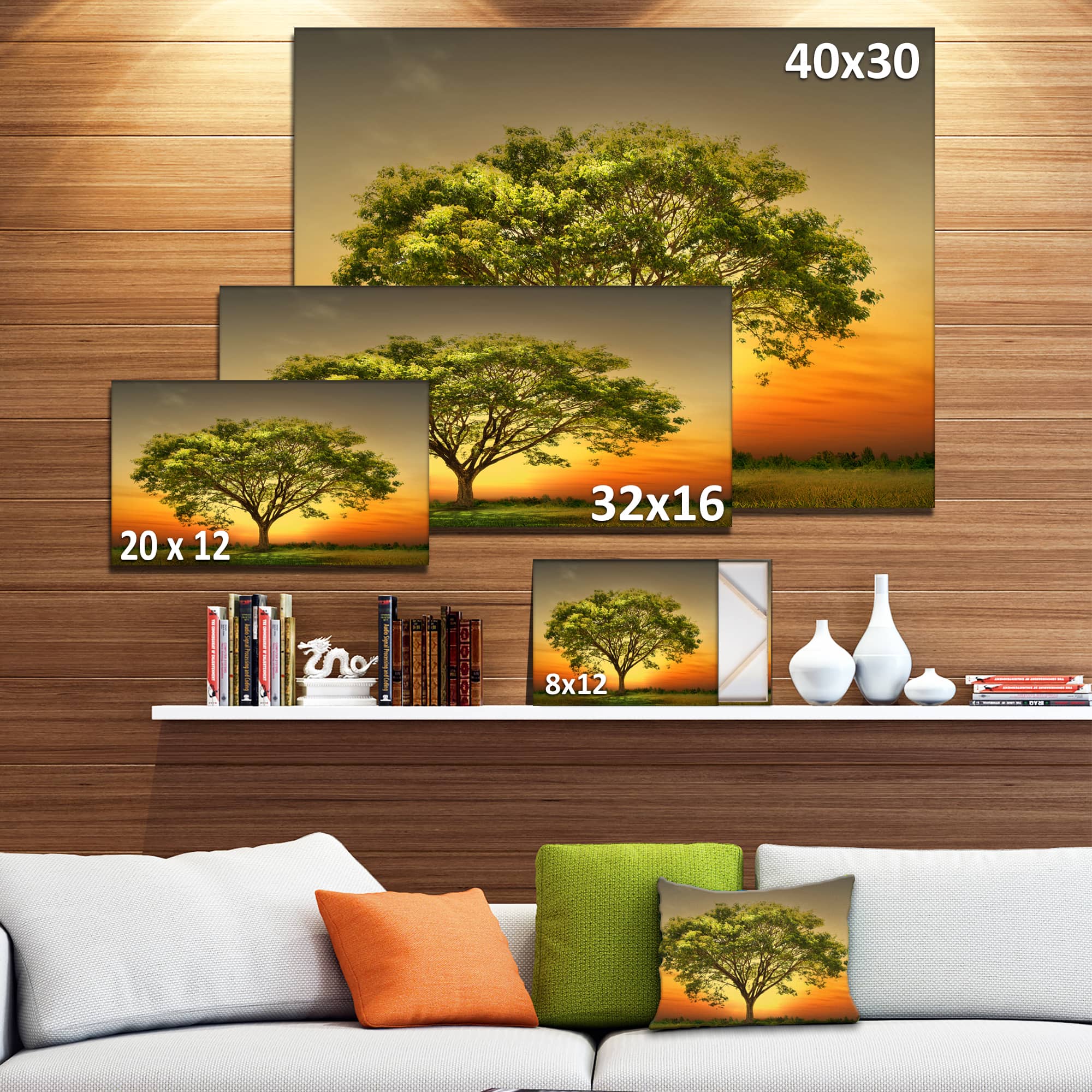 Designart - Green Tree against Setting Sun - Trees Canvas Art Print