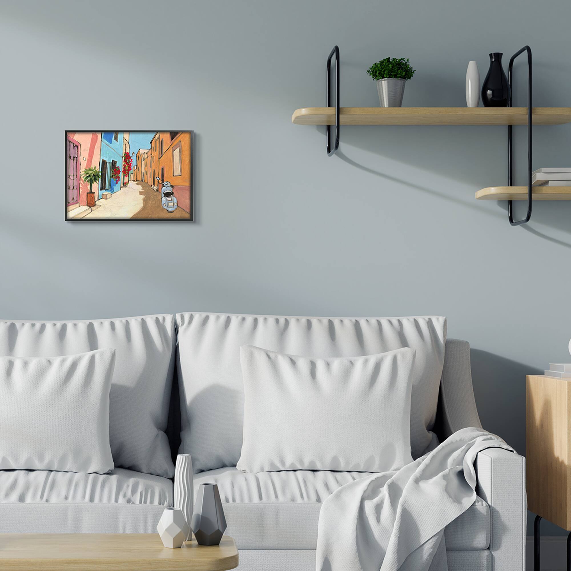 Stupell Industries European Roadside with Blue Street Vespa Wall Art in Black Frame