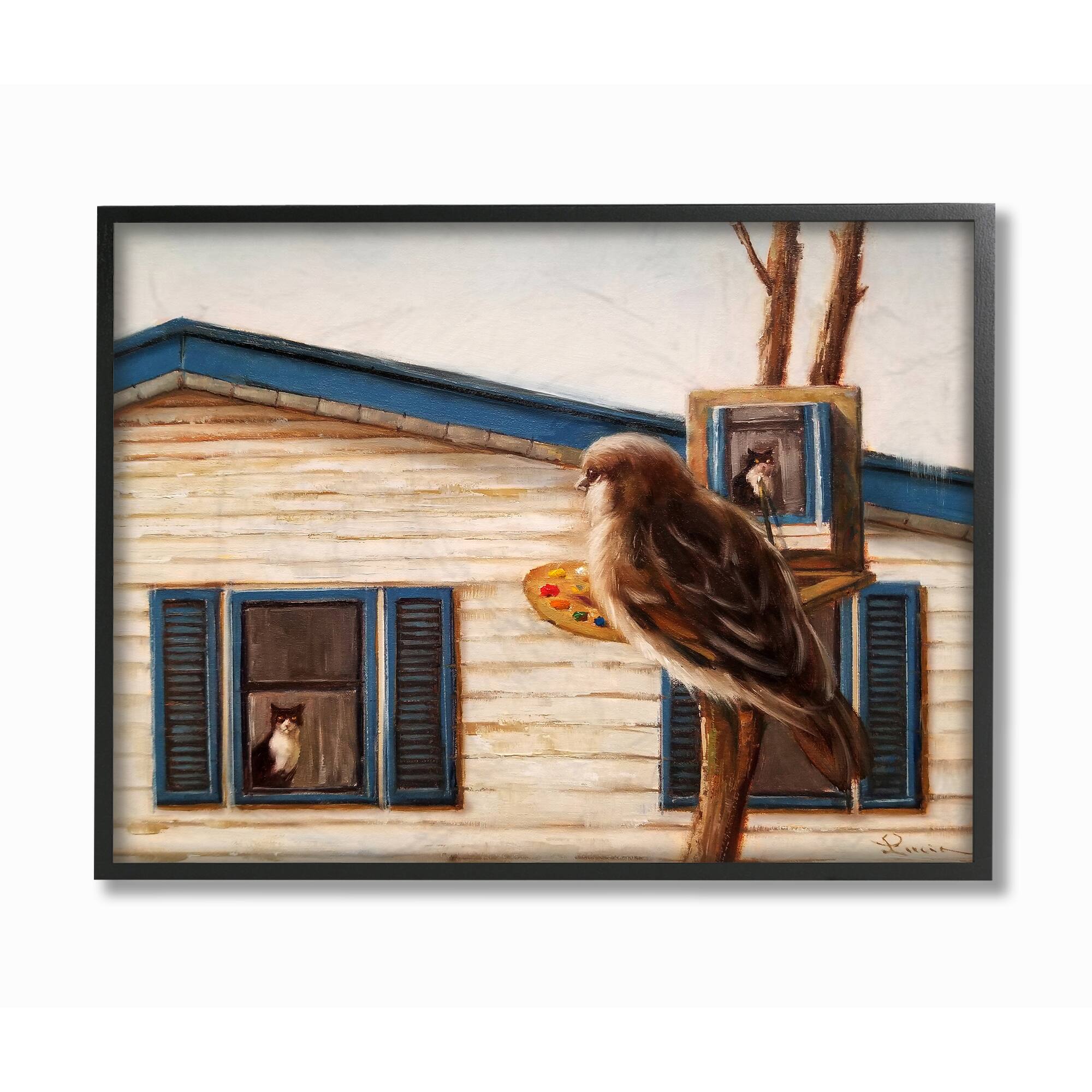 Stupell Industries Bird Paints Indoor Cat Painting Black Framed Wall Art