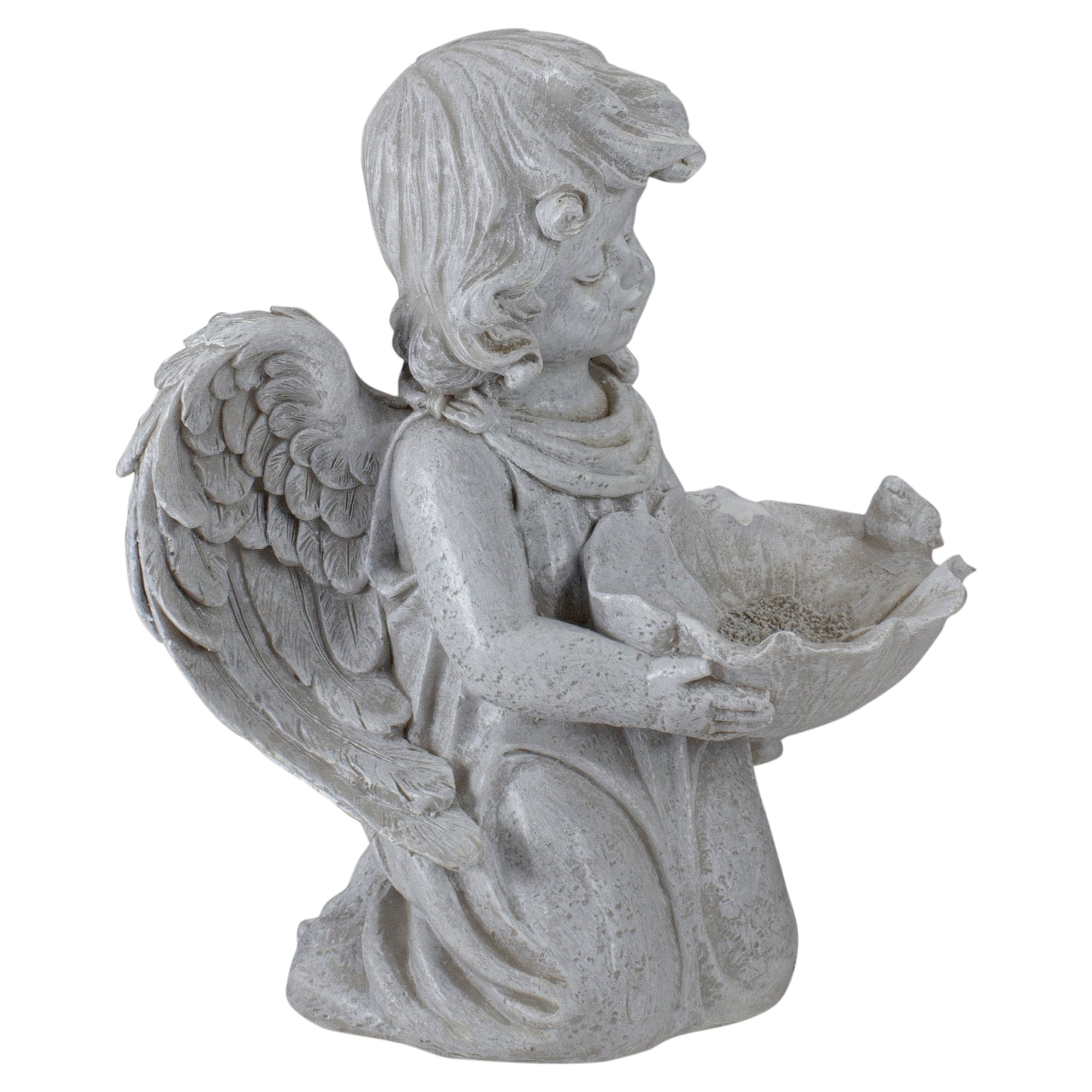 9.5&#x22; Heavenly Gardens Gray Distressed Kneeling Cherub Angel Bird Feeder Outdoor Garden Statue