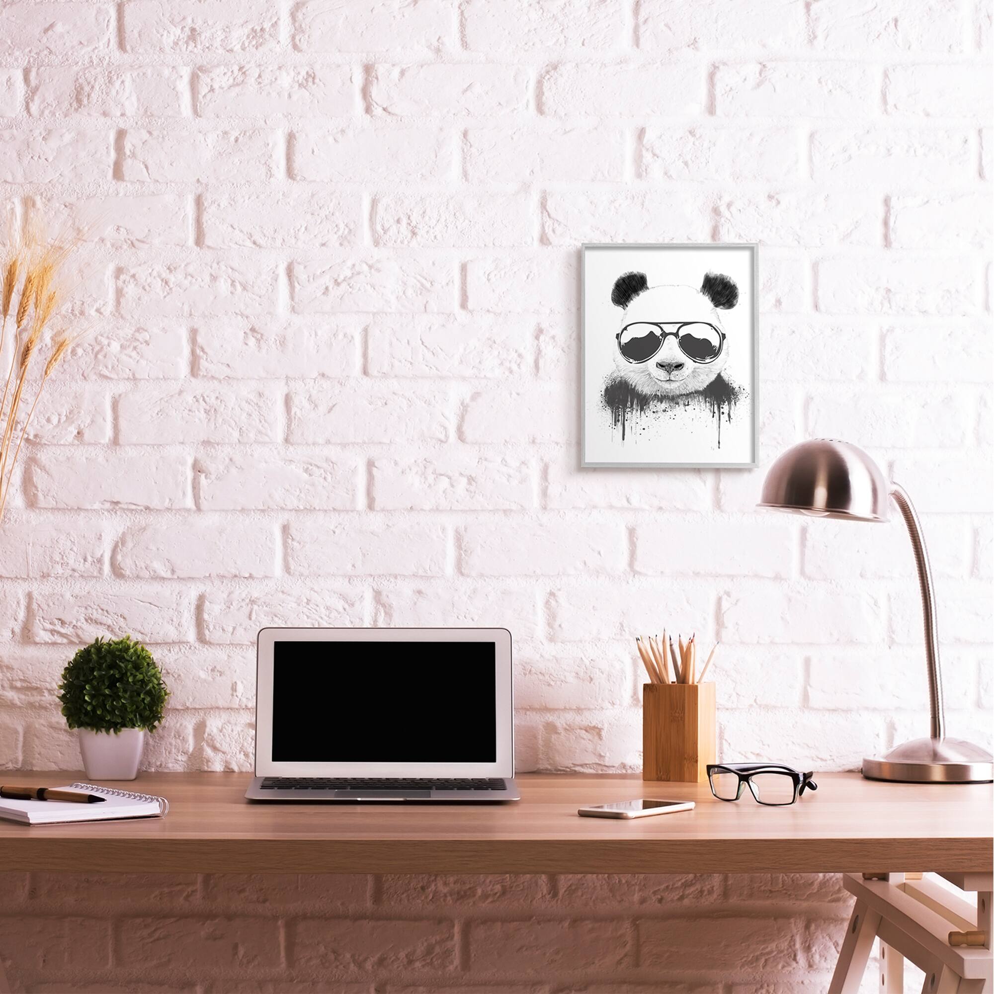 Stupell Industries Cool Panda Sunglasses Black And White Paint Drip in Gray Frame Wall Art