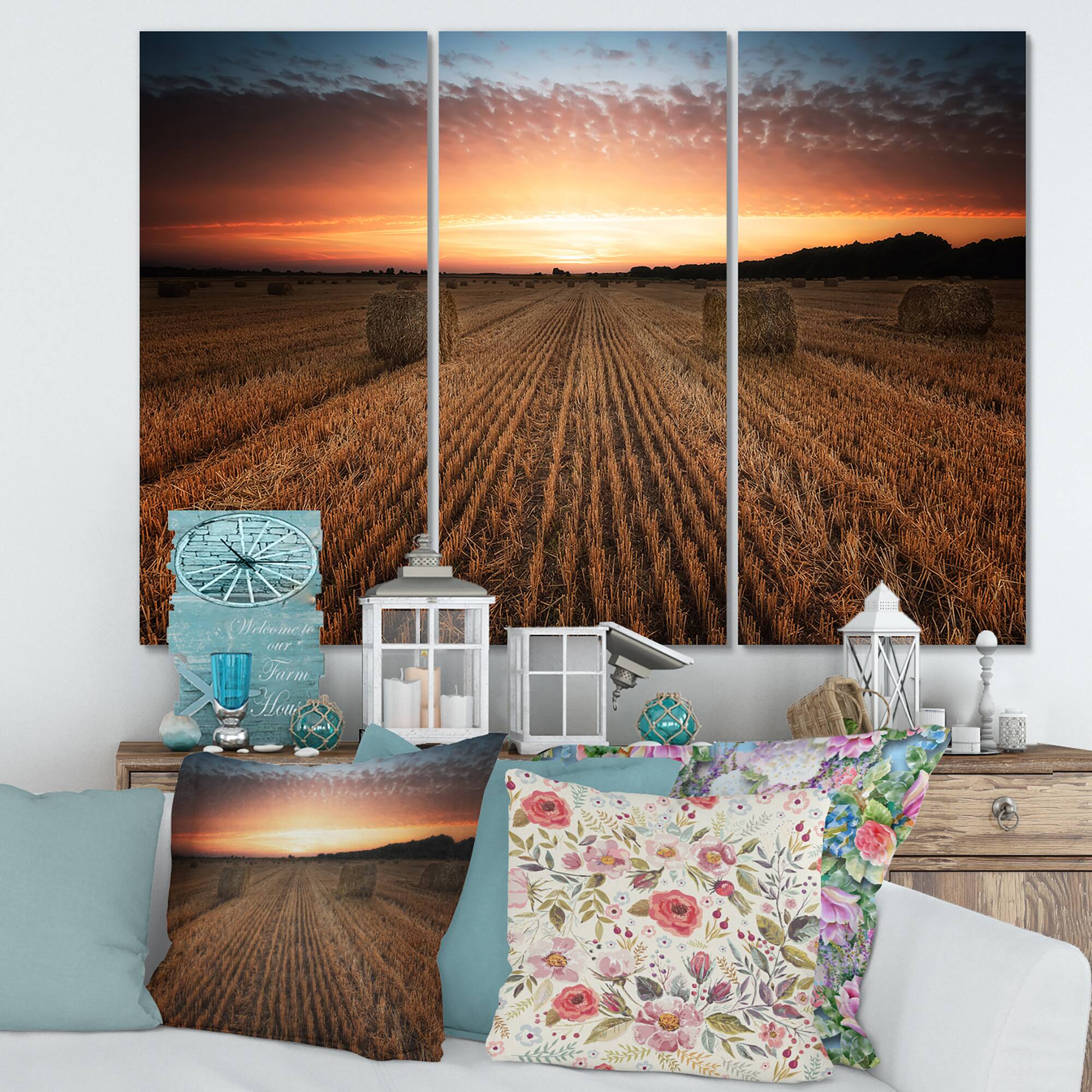 Designart - Landscape With A Field Full of Hay Bales At Sunset - Farmhouse Canvas Wall Art Print