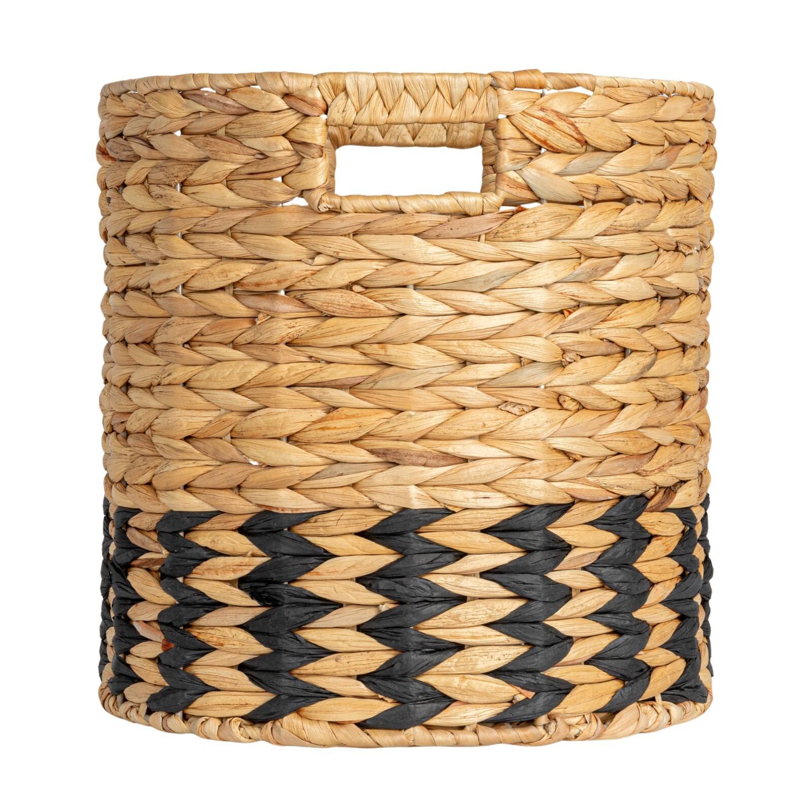 Household Essentials 11.75" Natural Water Hyacinth & Paper Basket with Black Stripes
