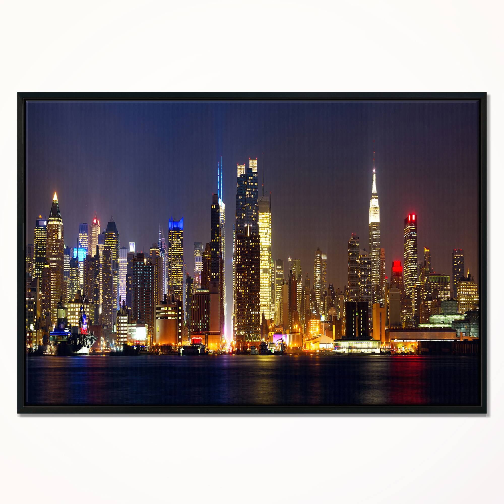 Designart - New York Skyline at Night - Cityscape Photo Framed Canvas Print