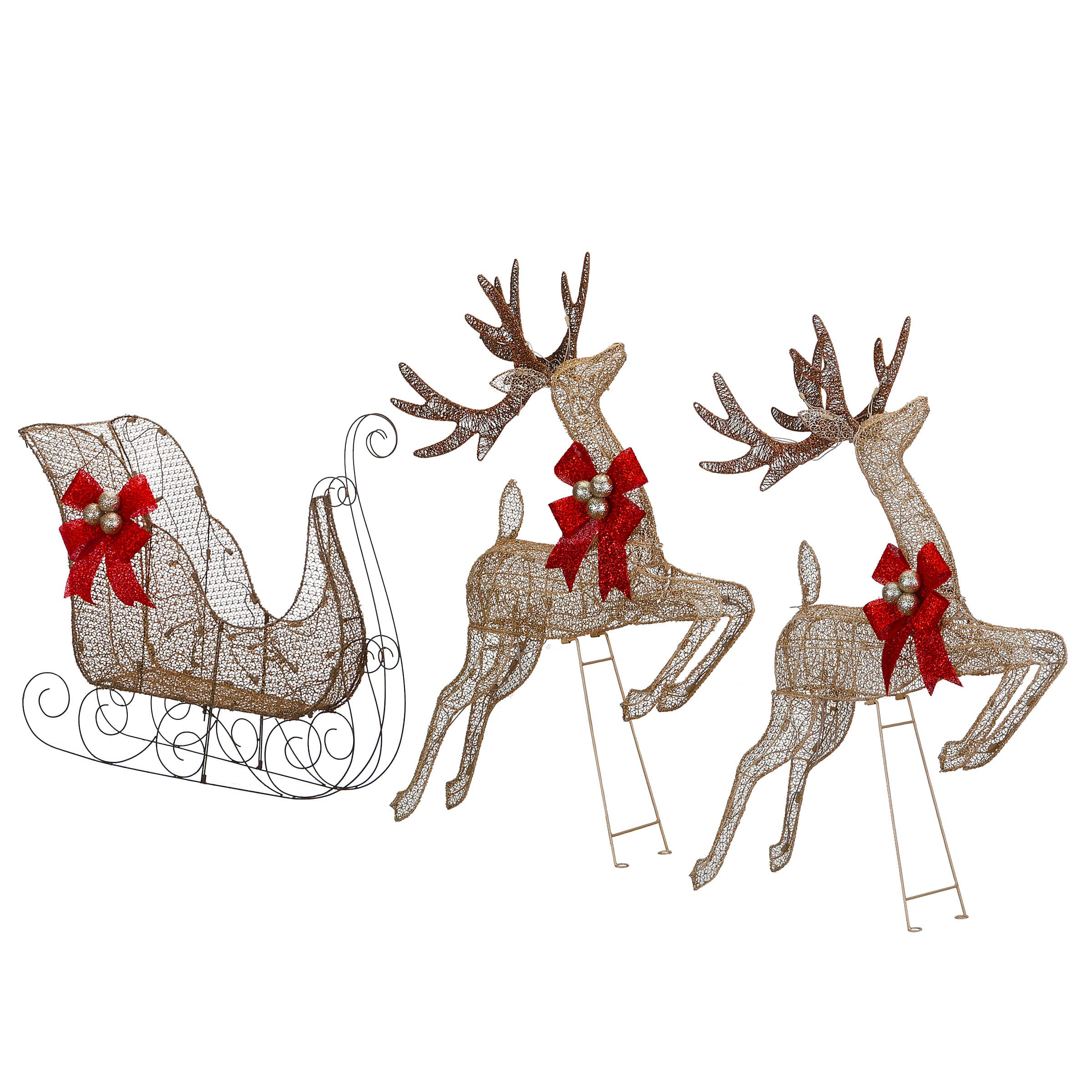 Champagne Reindeer and Sleigh with Clear Lights Decoration