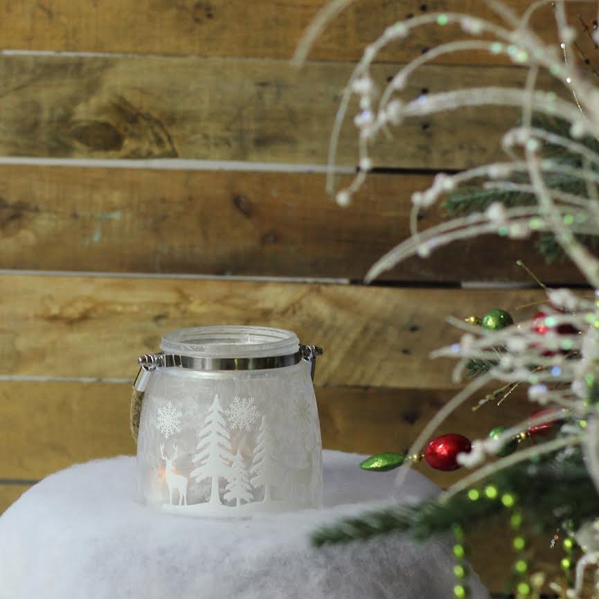 5.5" Silver & Winter Scene Christmas Pillar Candle Lantern