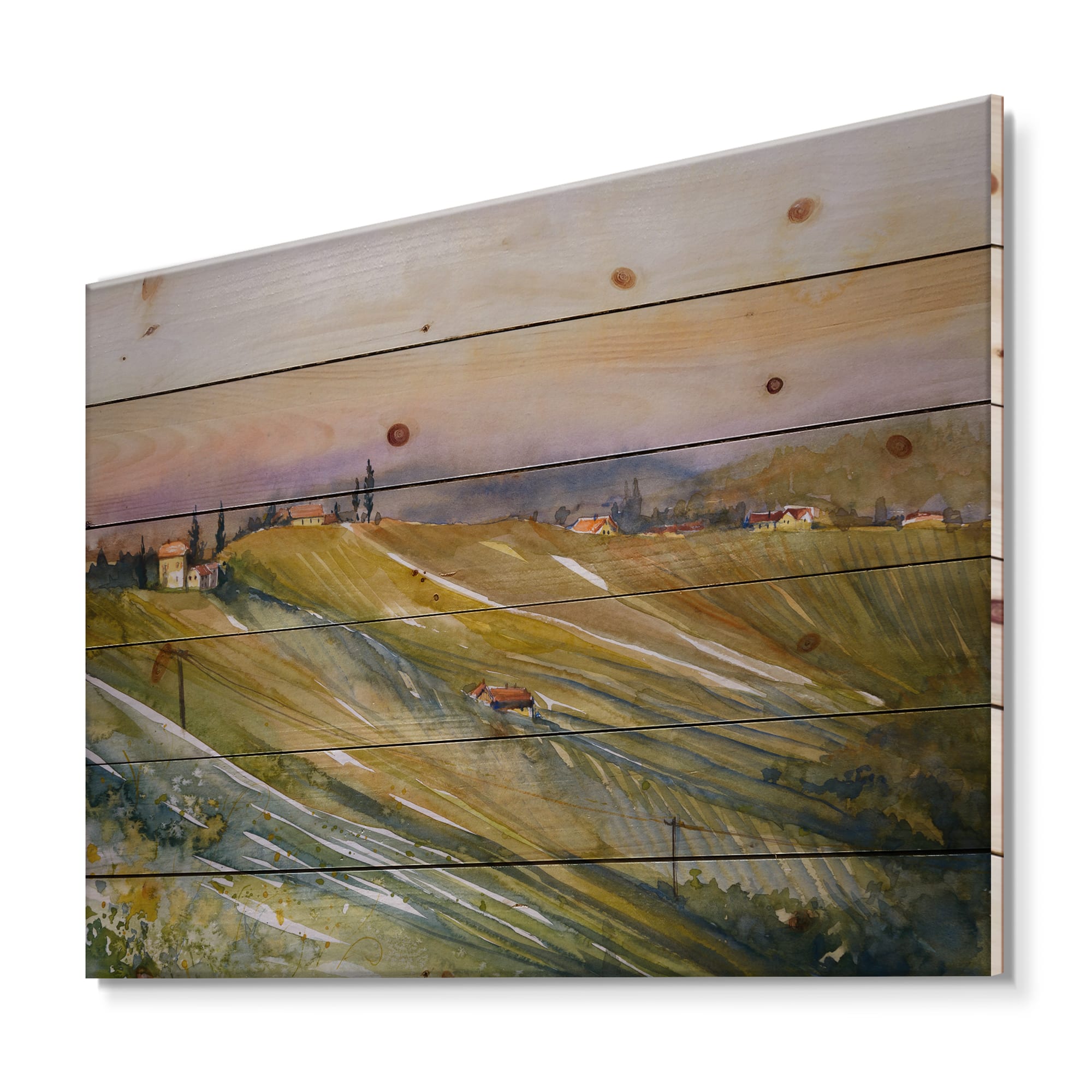 Designart - Vineyard At Dawn In Tuscany Italy - Country Print on Natural Pine Wood