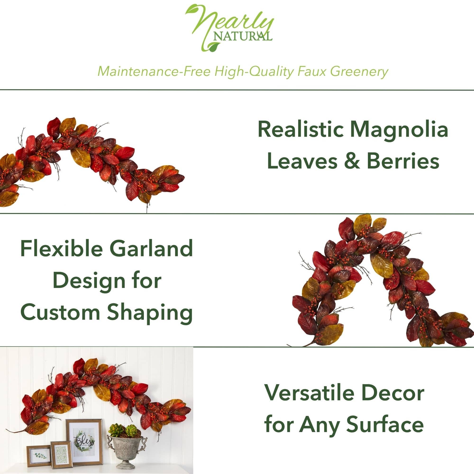 6ft. Autumn Magnolia Leaf with Berries Garland