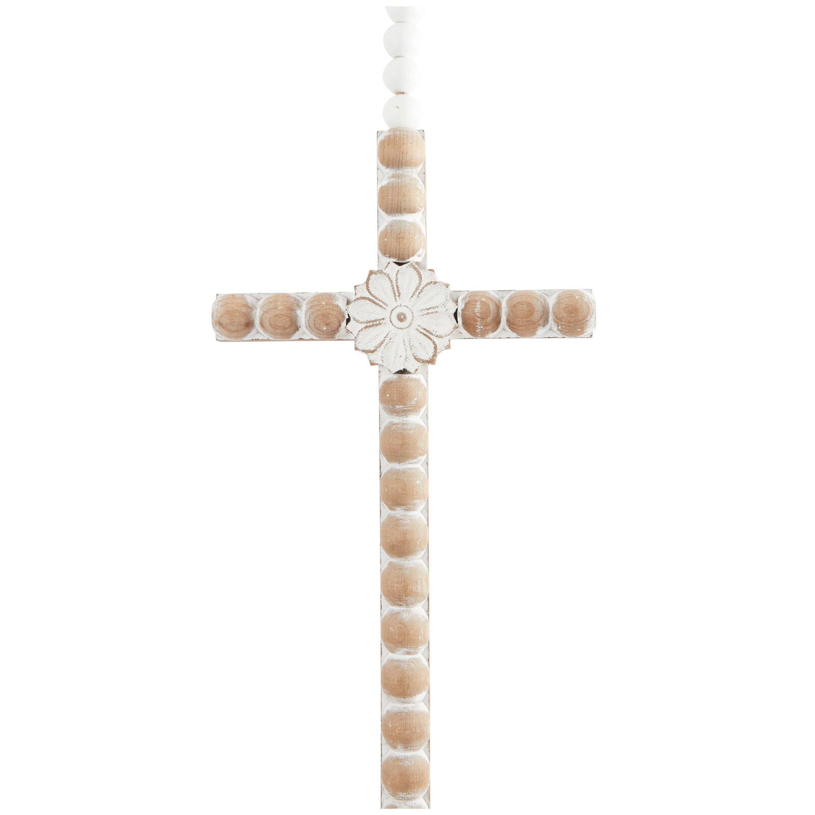 Light Brown Wood Carved Beaded Crosses Biblical Wall Decor with Rope Hanger Set of 3 7", 19"