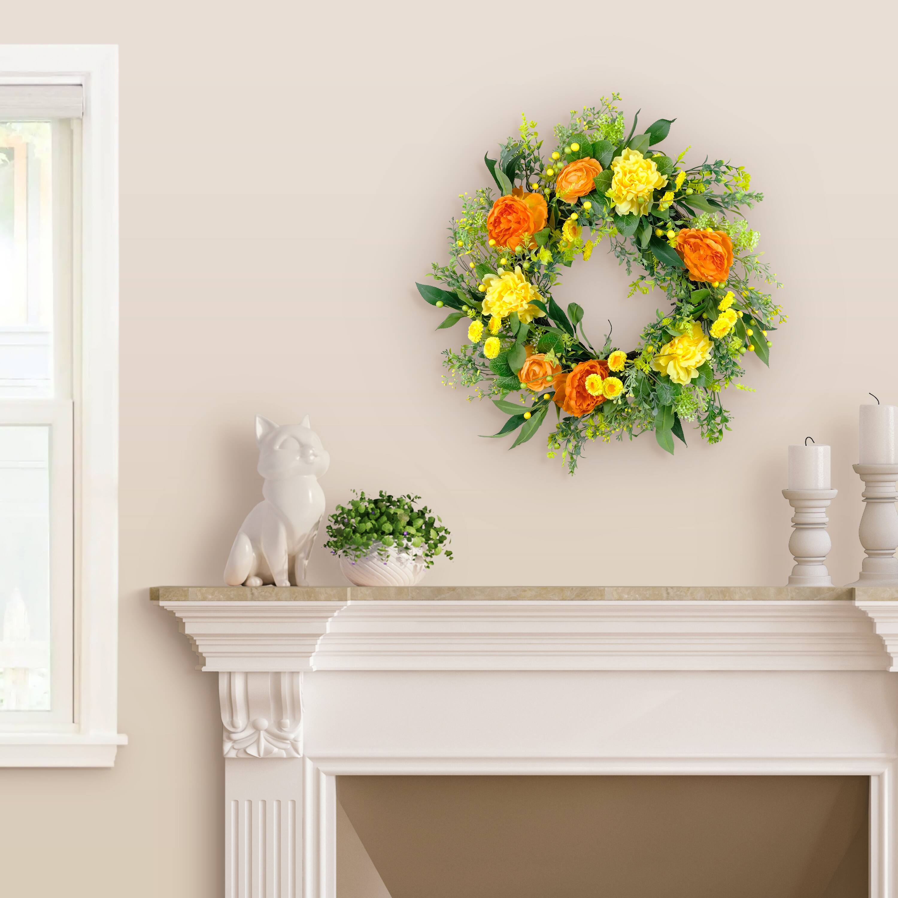 24" Orange & Yellow Spring Peony Floral Wreath