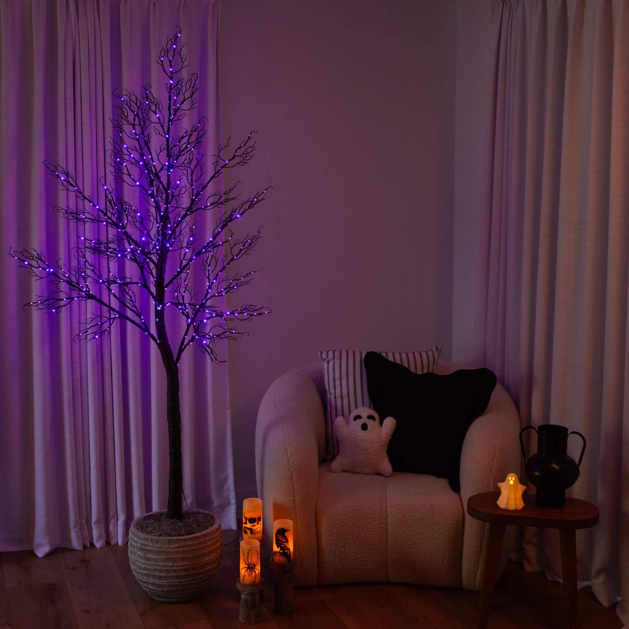 7ft. Pre-Lit Halloween Minimalist Twig Artificial Fall Tree with 400 Orange & Purple LED Lights