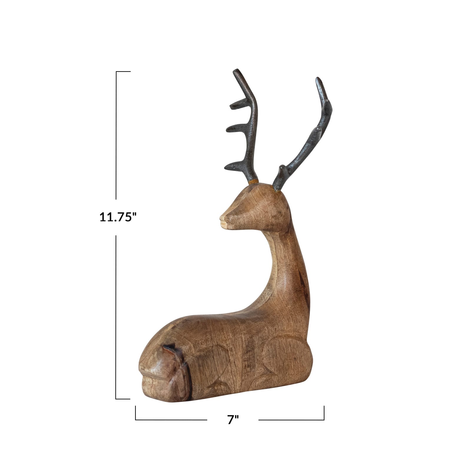 Hello Honey® 11.75" Natural & Black Mango Wood Lying Reindeer with Aluminum Antlers