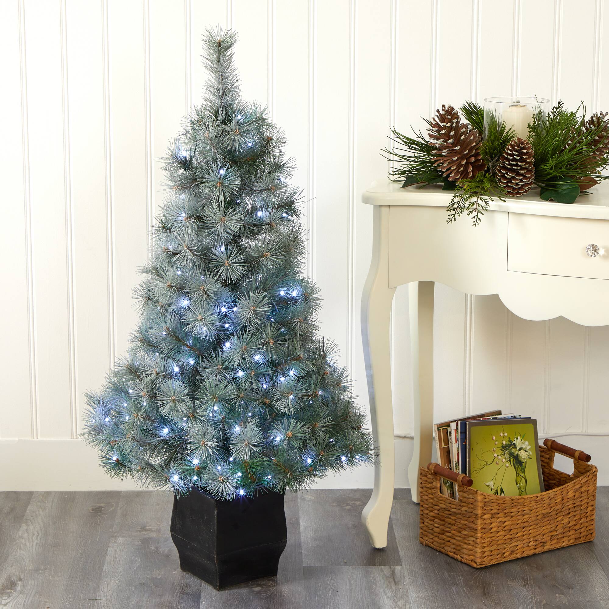 4ft. Pre-Lit Snowy Mountain Pine Artificial Christmas Tree, Blue LED Lights