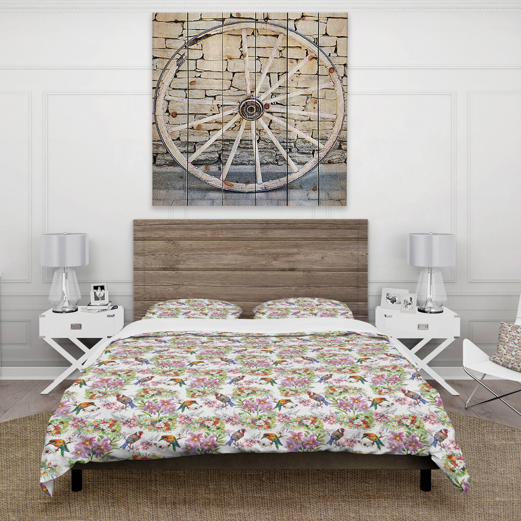 Designart &#x27;Pattern with Flowers and Birds&#x27; Cabin &#x26; Lodge Bedding Set - Duvet Cover &#x26; Shams