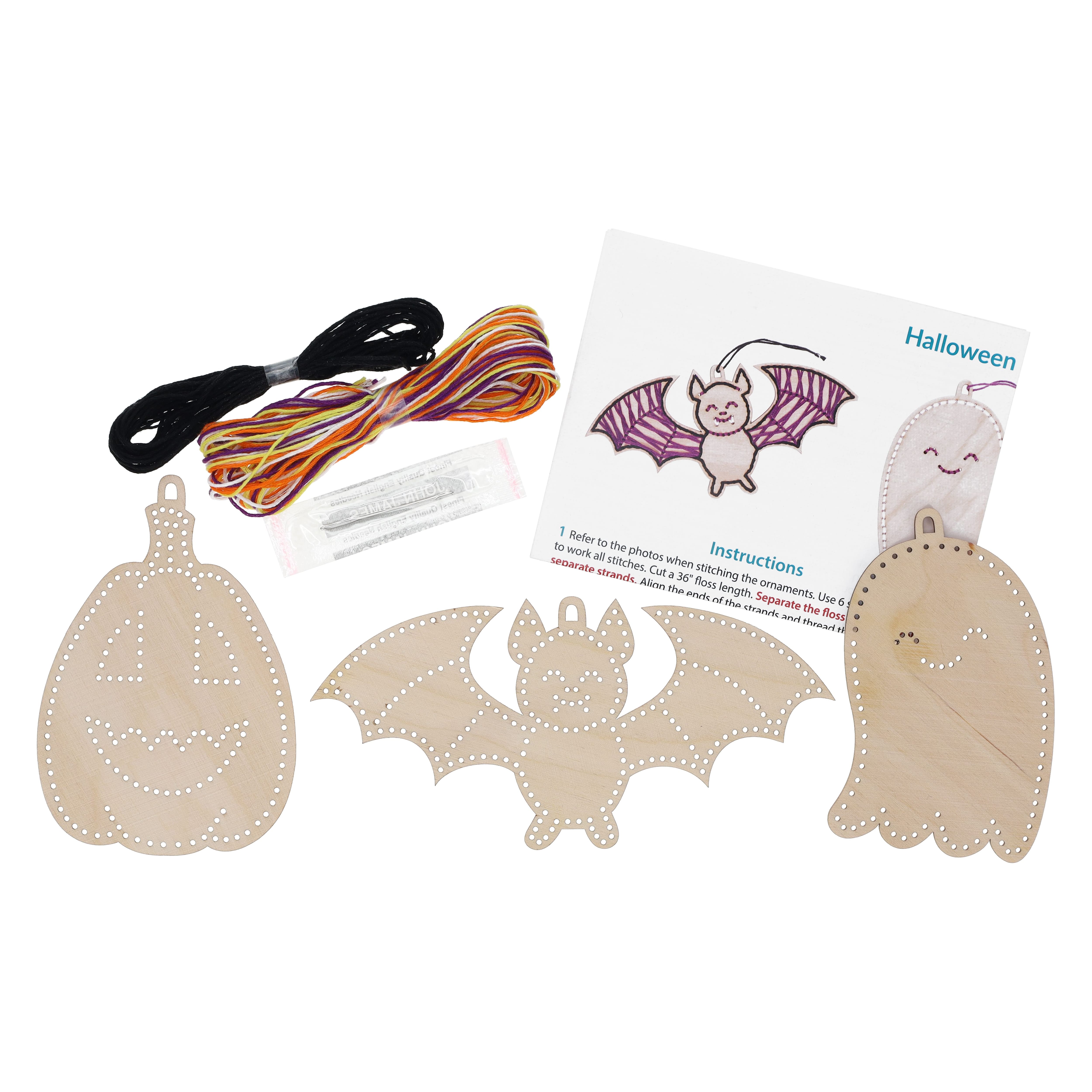 Leisure Arts&#xAE; Beginner Halloween Shapes 3 Piece Wood Stitchery Ornament Kit