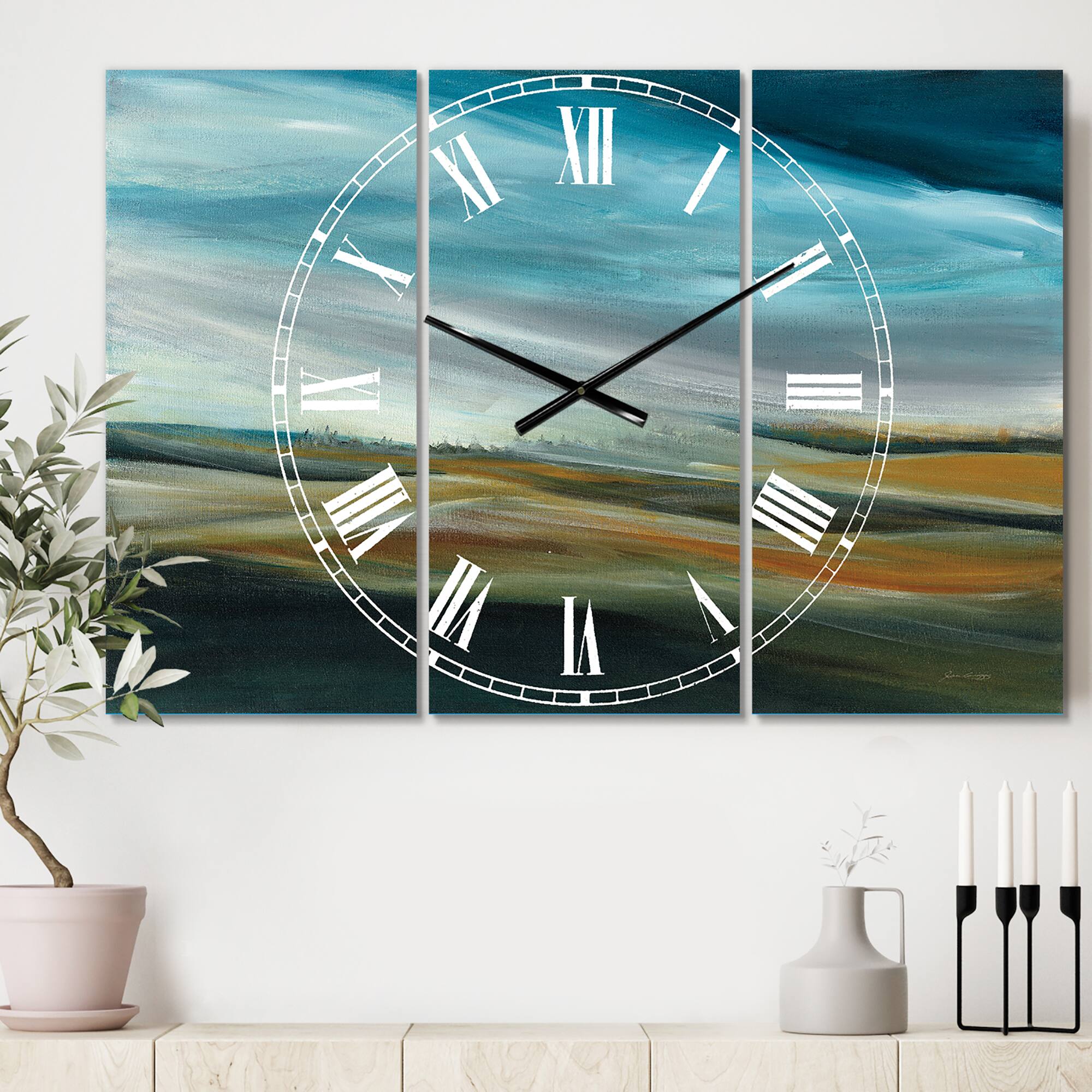 Designart &#x27;Watercolor Desert Storm Abstract Blue Farmhouse Multipanel Wall Clock