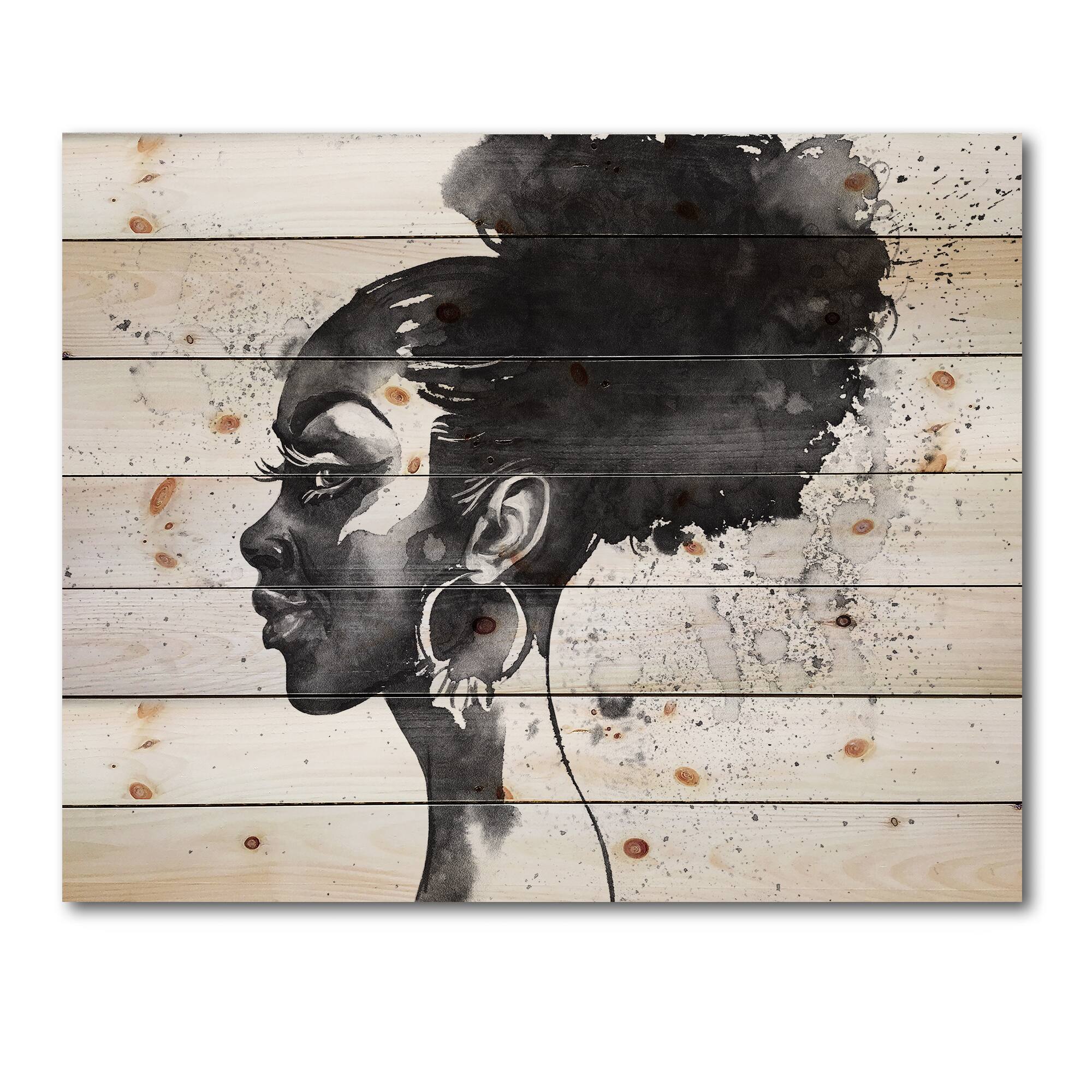 Designart - Monochrome Portrait of African American Woman I - Modern Print on Natural Pine Wood