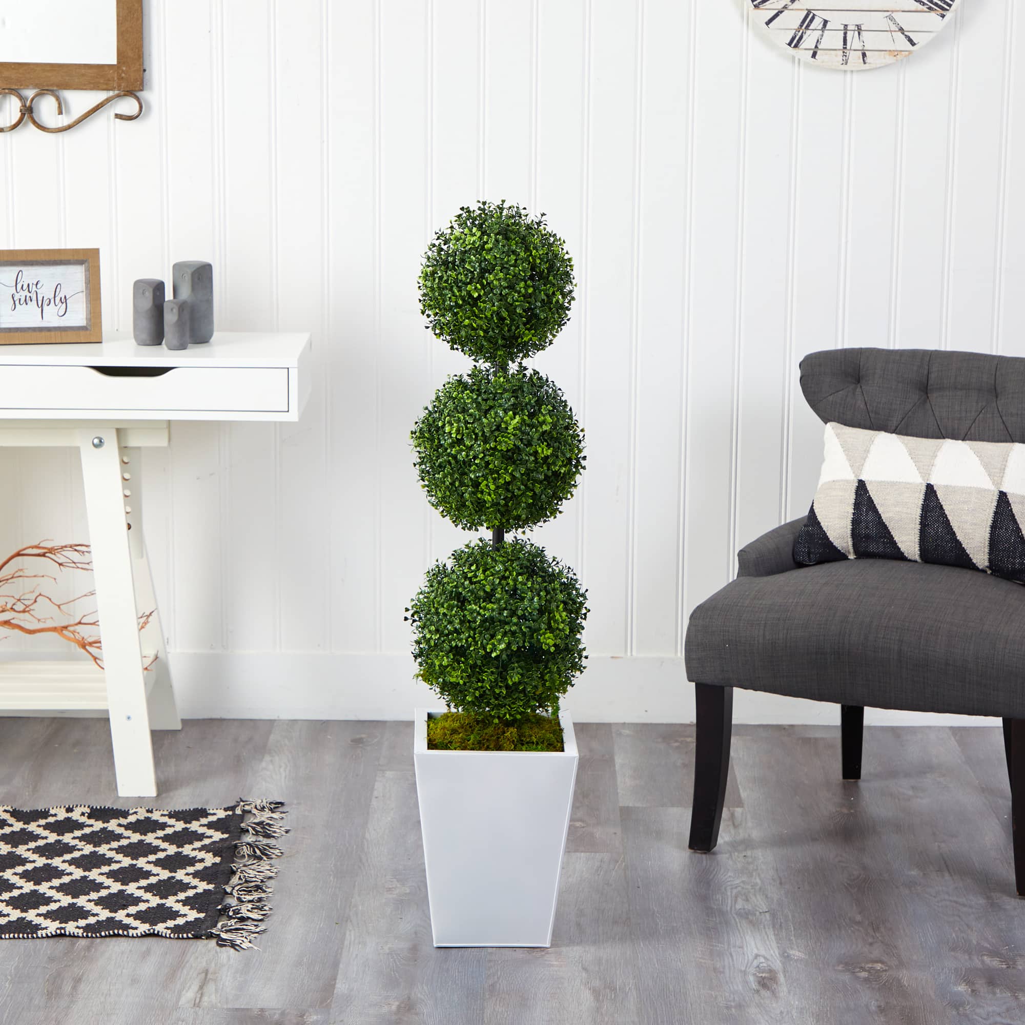 4ft. Boxwood Triple Ball Topiary Artificial Tree in White Metal Planter