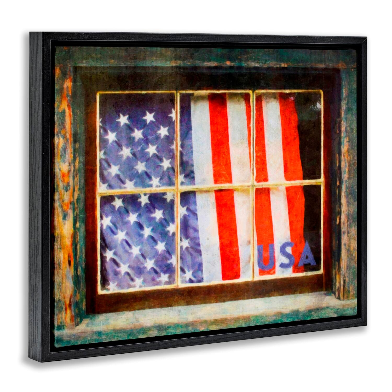 Stupell Industries Patriotic American Flag Rustic Window Festive Home Floater Framed Art