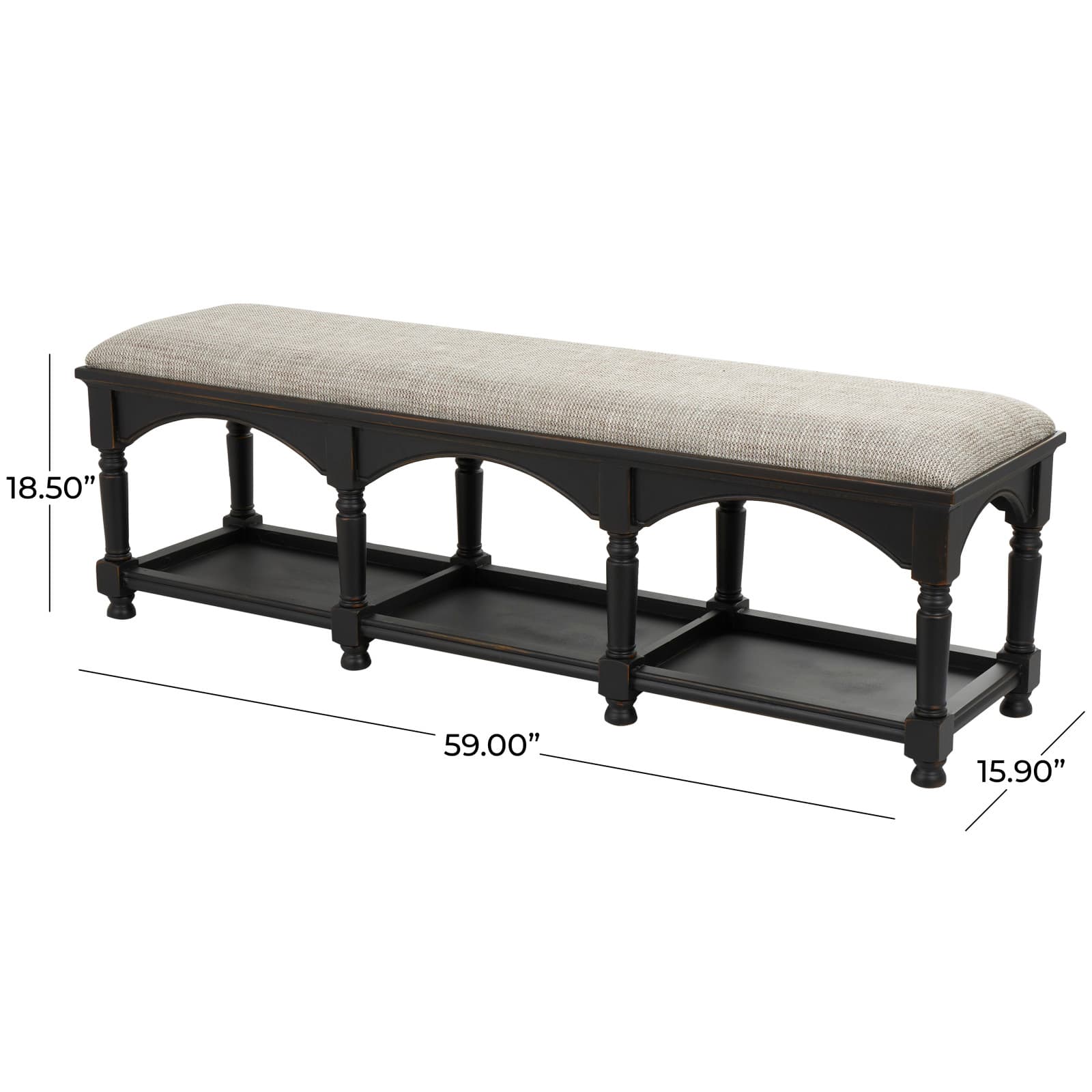 59&#x22; Black &#x26; Beige Fabric Arched Storage Bench with Traditional Turned Legs