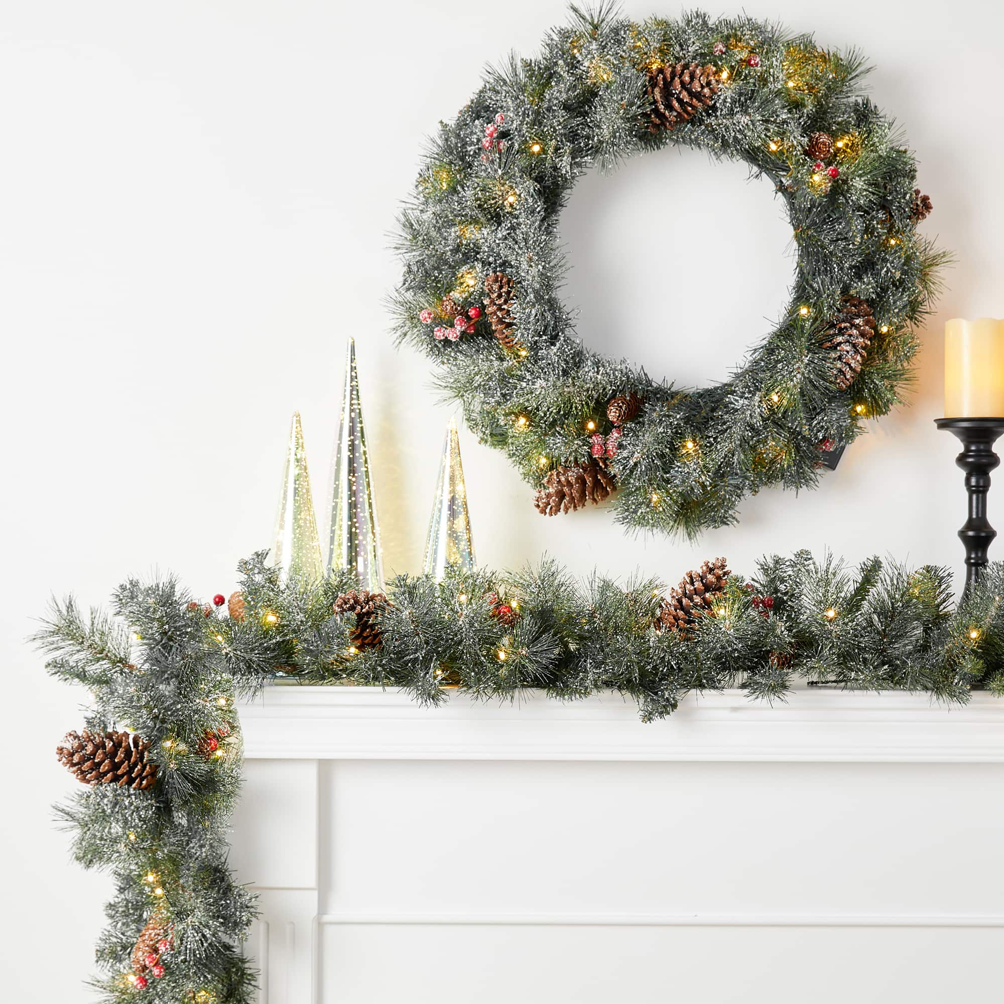 5-Piece Pre-Lit Glittered Pinecone Christmas Wreath, Garland &#x26; Flocked Christmas Tree, Warm White Lights