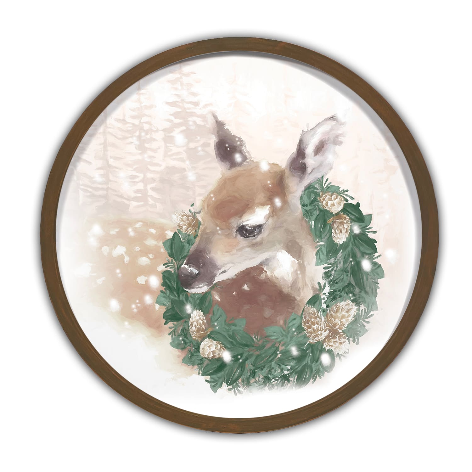 Christmas Wreath Fawn Round Brown Framed Print Wall Art