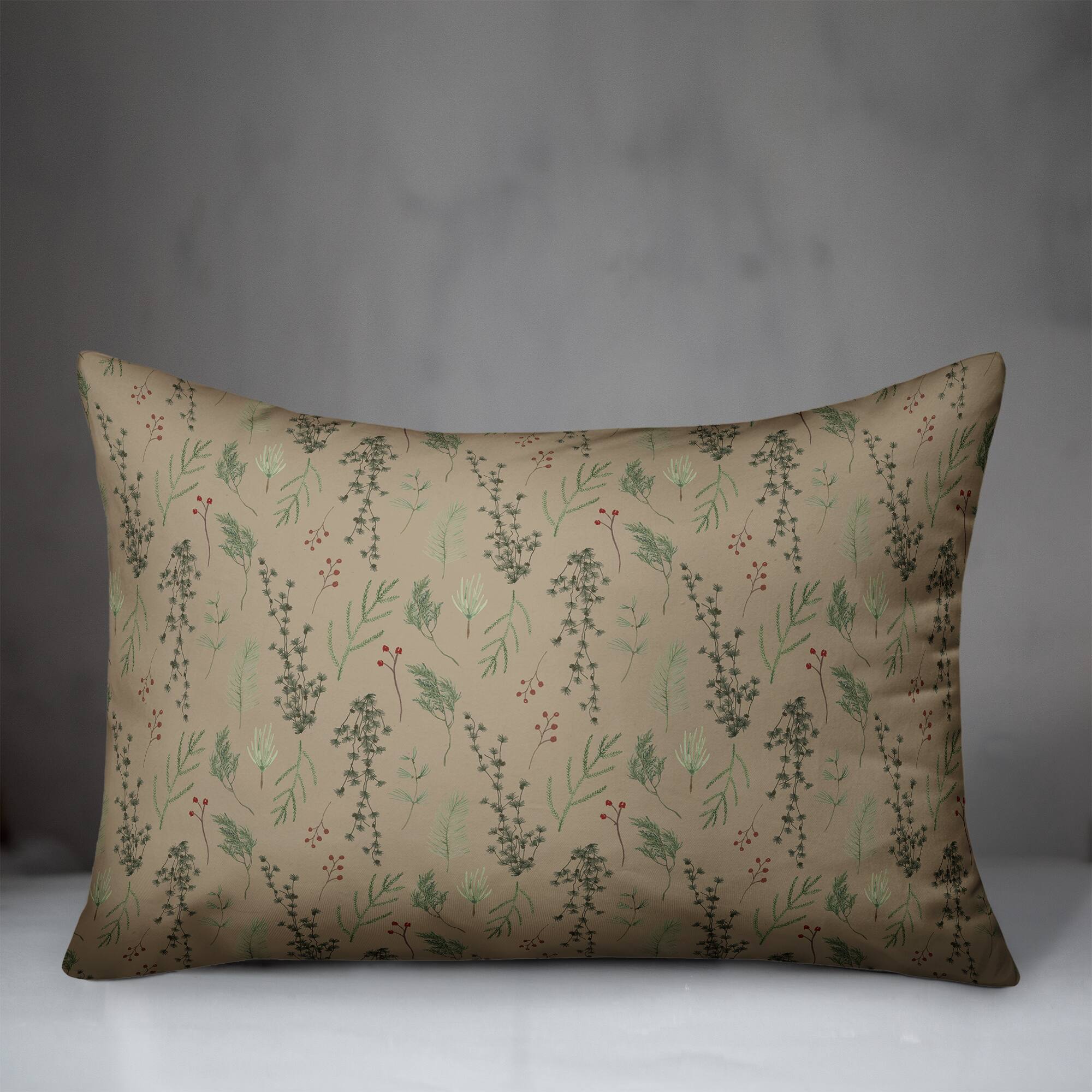 Pine Greenery on Brown Rectangle Throw Pillow