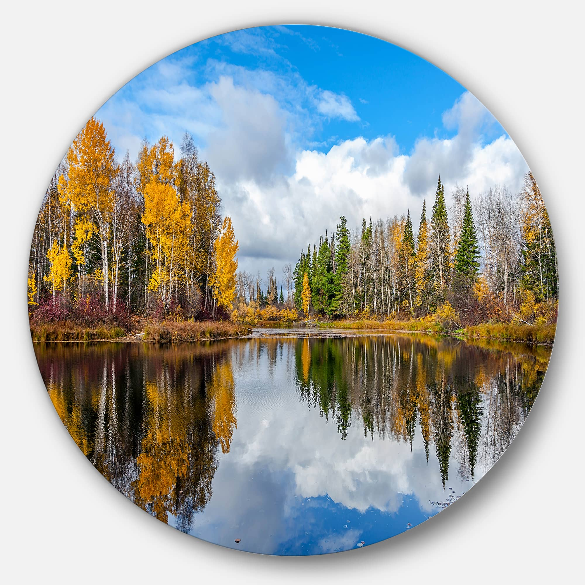 Designart - Nice Autumn Trees With Forest Lake&#x27; Landscape Metal Circle Wall Art