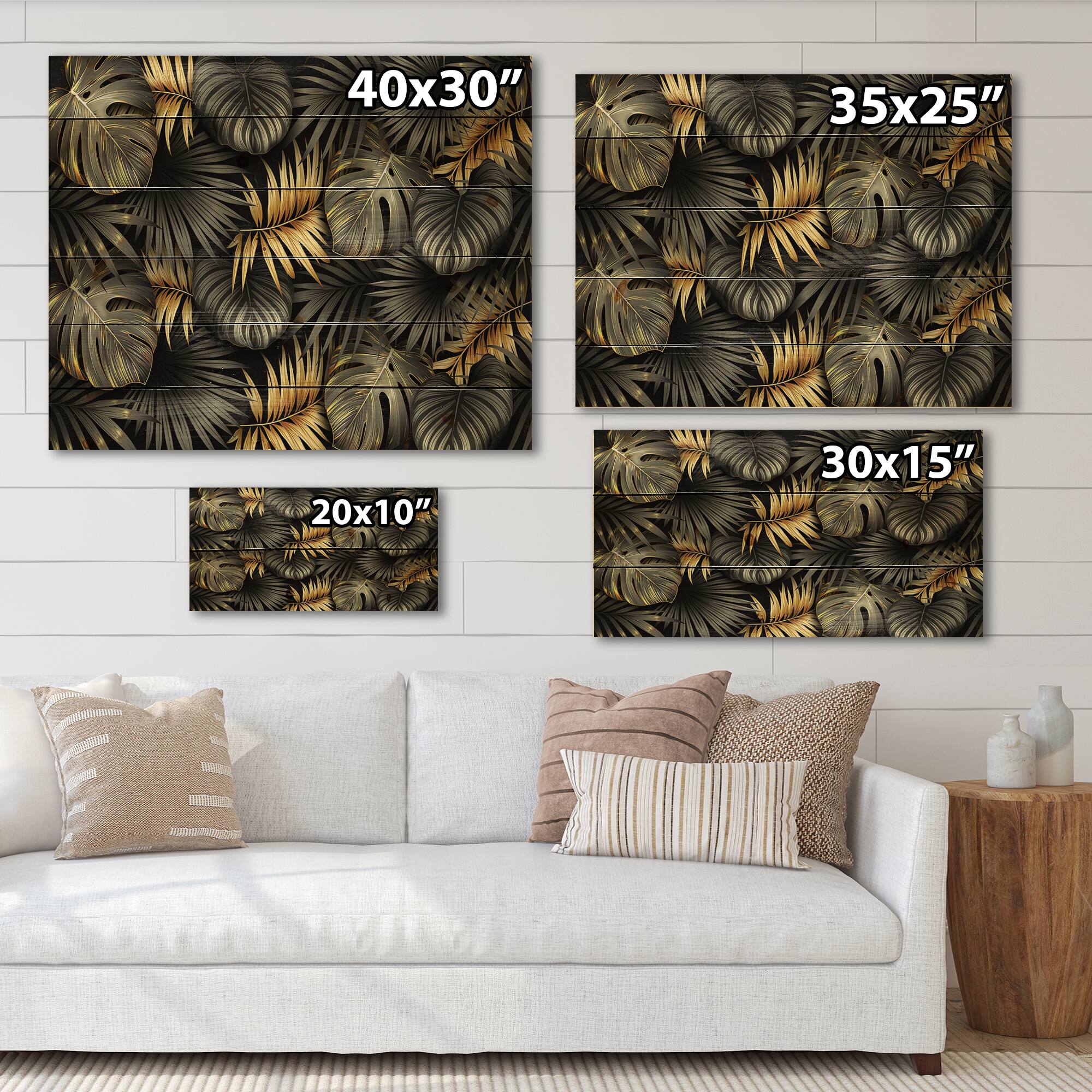 Designart - Black and Gold Tropical Leaves II - Modern Print on Natural Pine Wood
