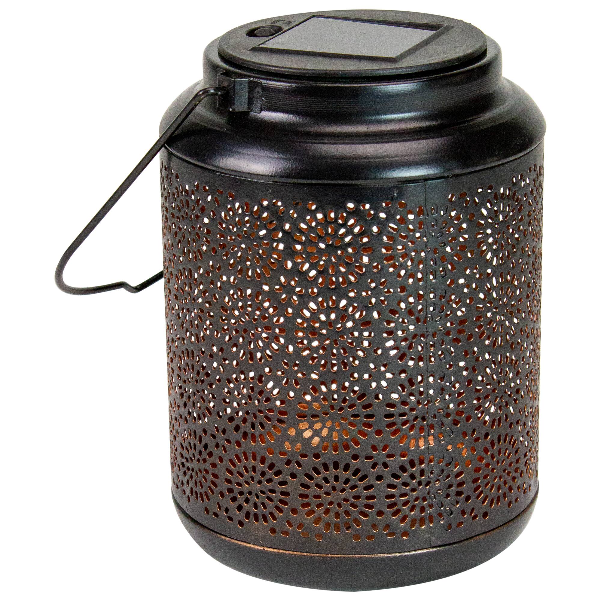 7&#x22; Black Outdoor Integrated Floral LED Solar Lantern with Handle