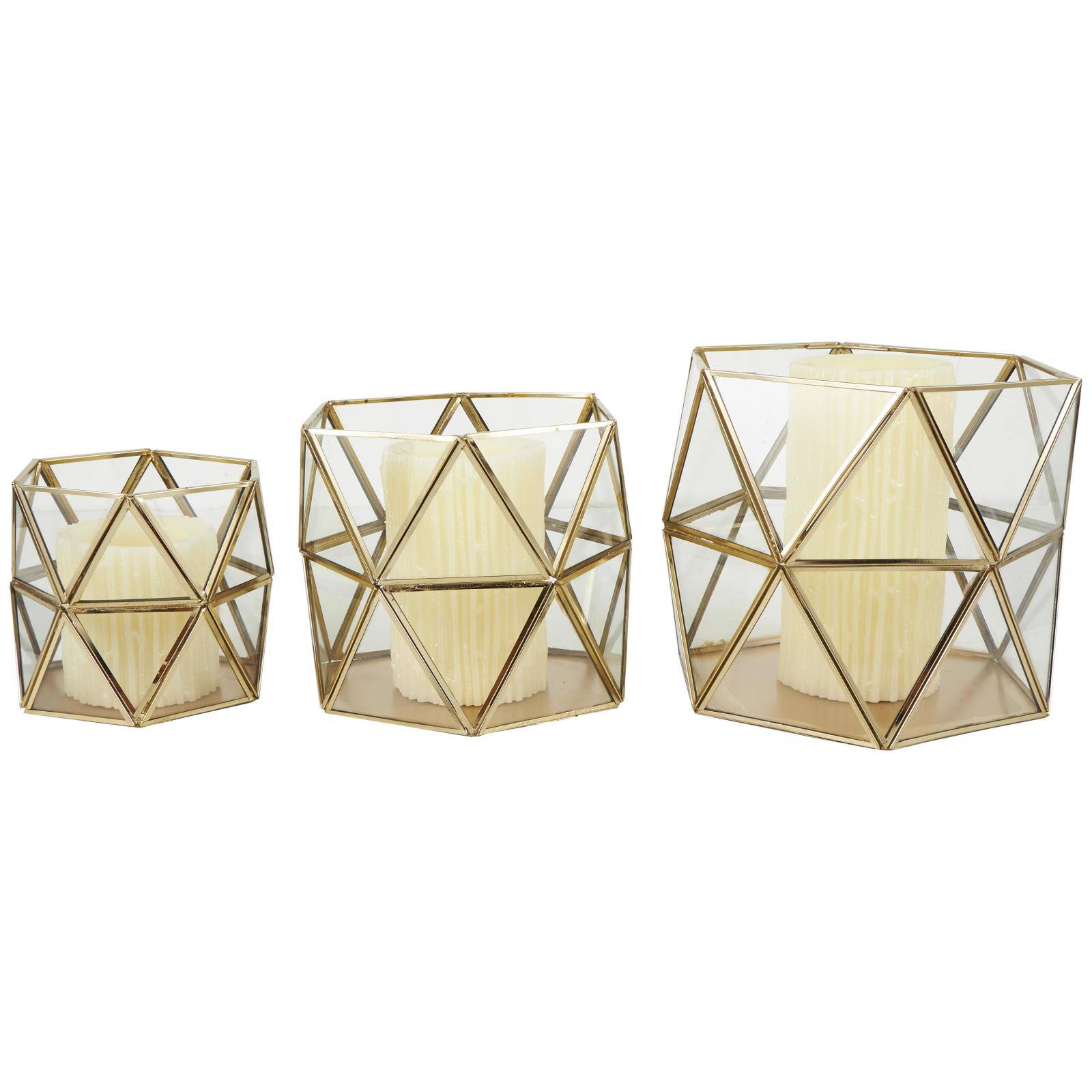 CosmoLiving by Cosmopolitan Gold Diamond Hexagon Metal Candle Lantern Set