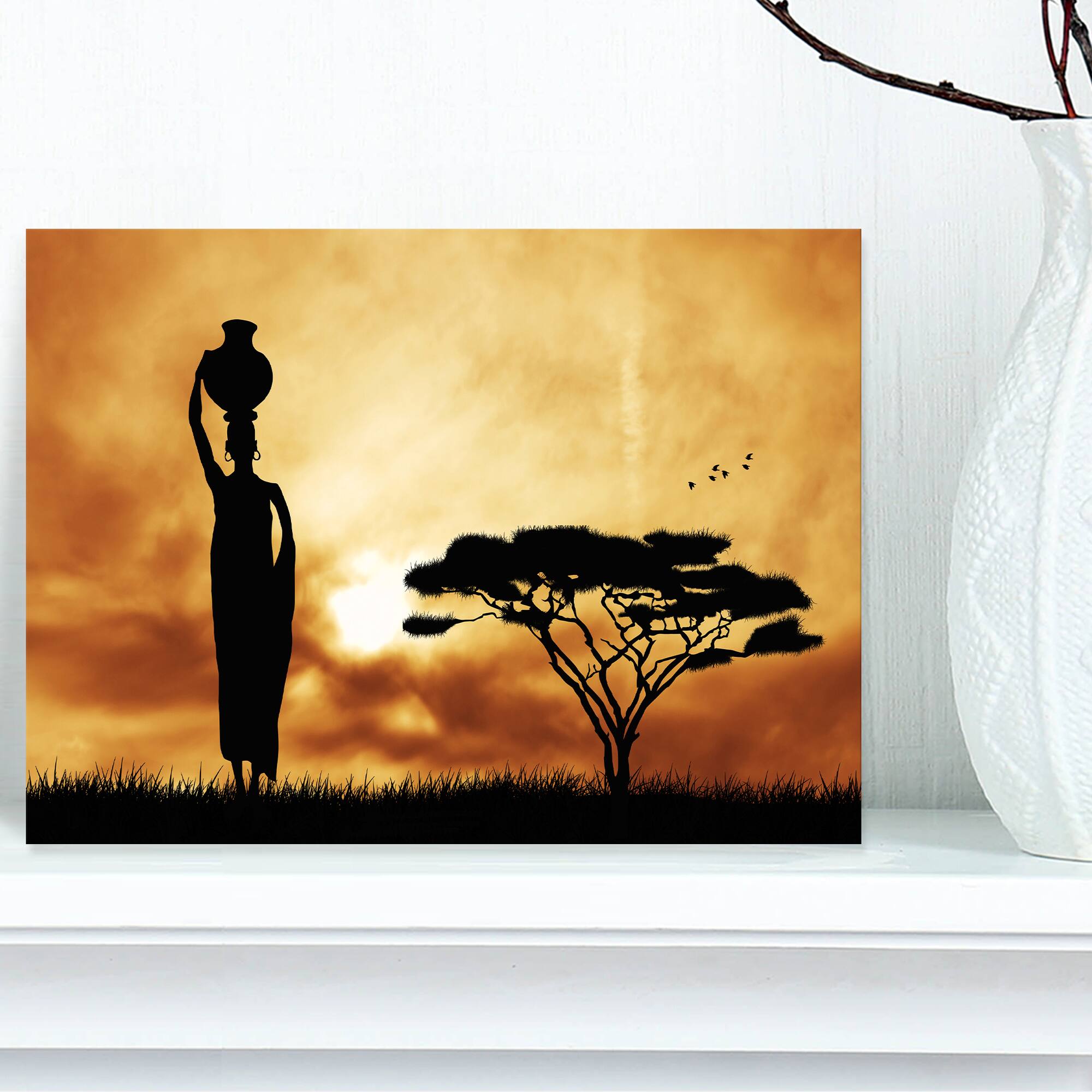 Designart - African Woman and Lonely Tree - African Landscape Canvas Art Print
