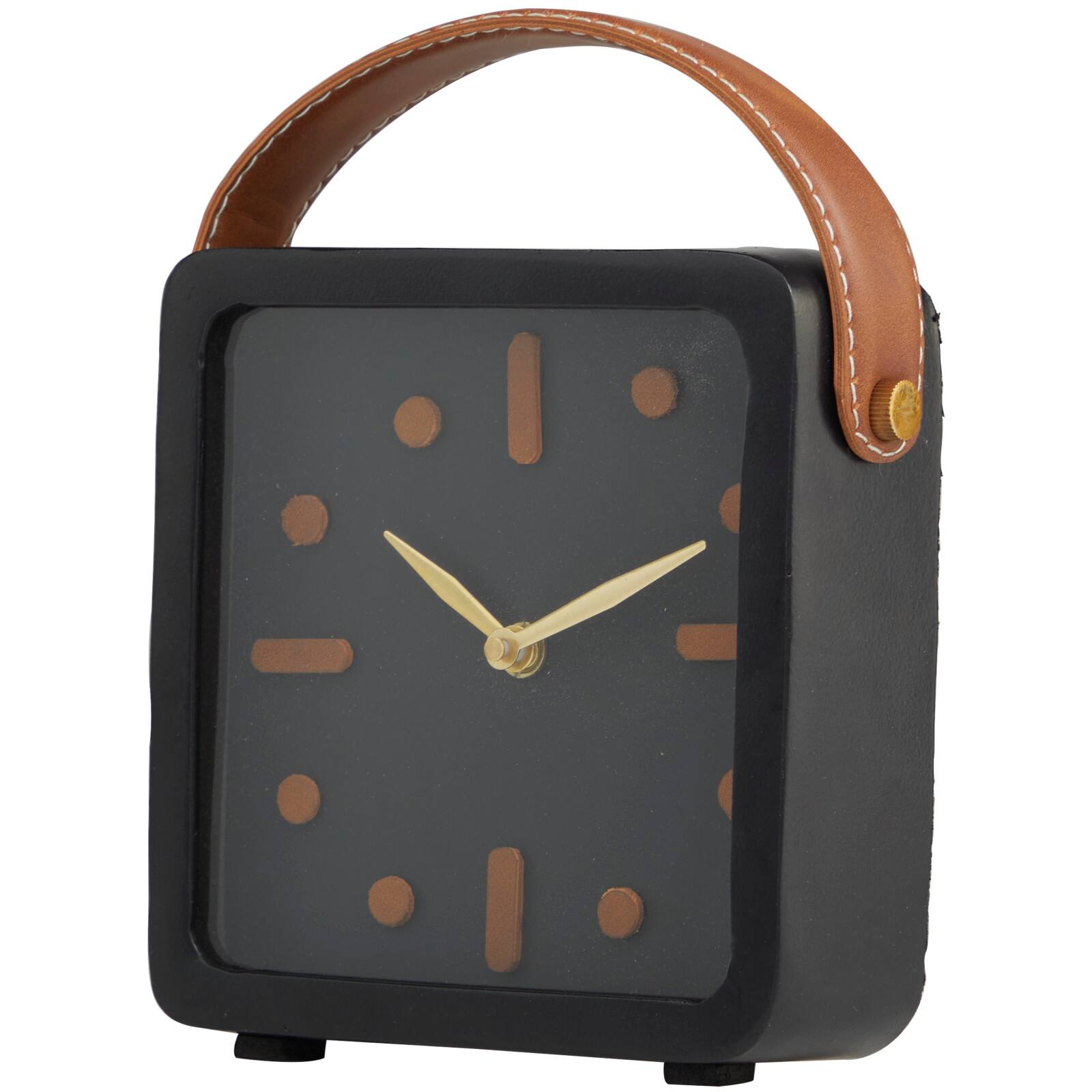 8" Black Metal Small Clock with Leather Handle & Hour Markers