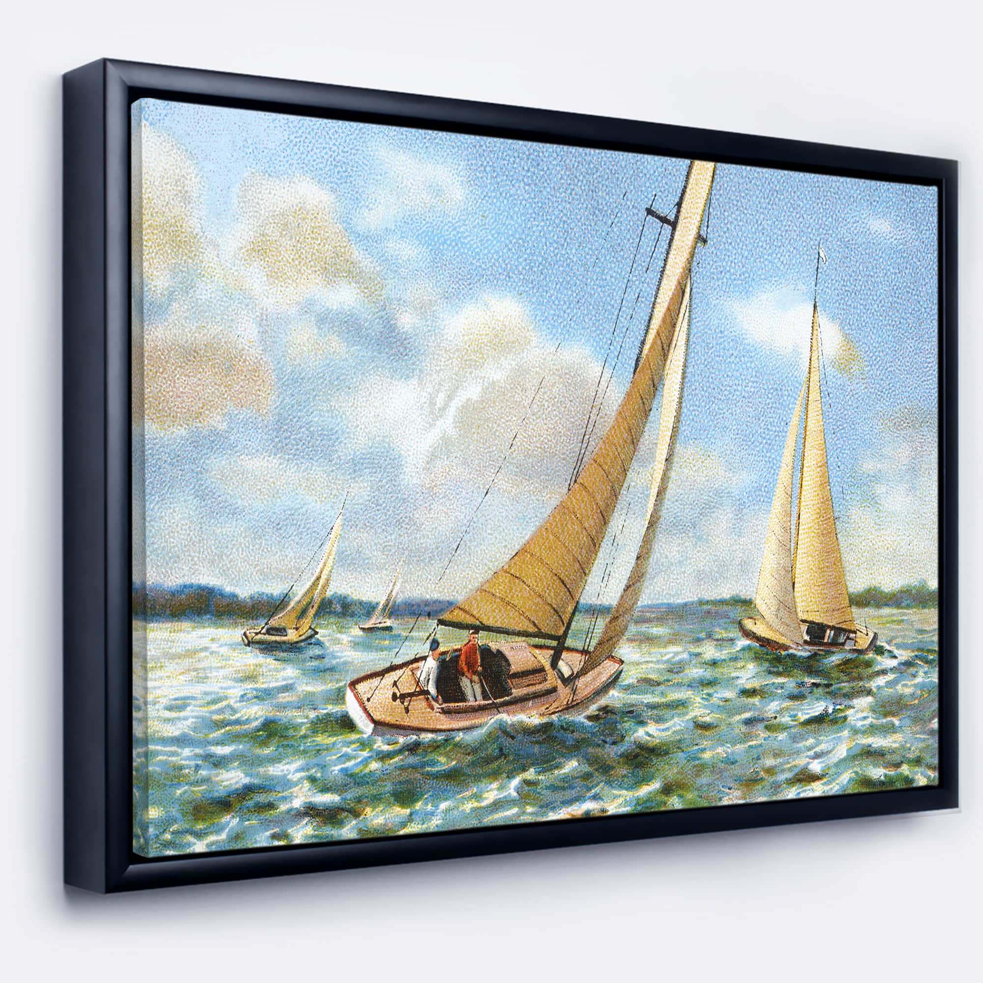 Designart - Vintage Boats Sailing - Seascape Painting Canvas Art Print in Black Frame