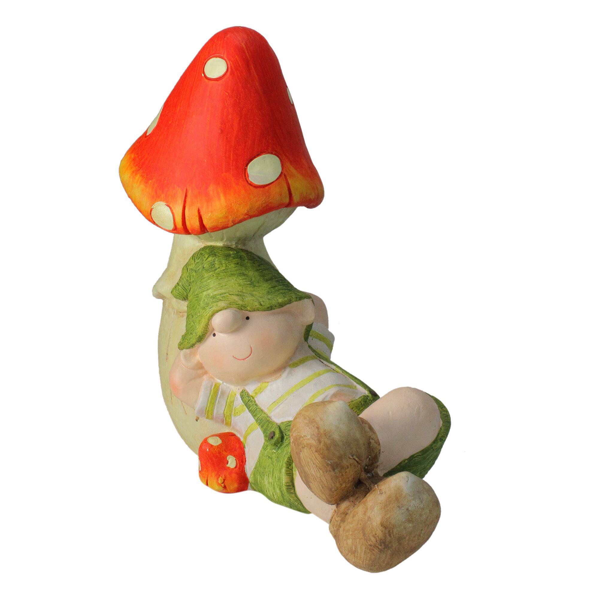 17" Young Boy Gnome Under a Mushroom Spring Outdoor Garden Figure