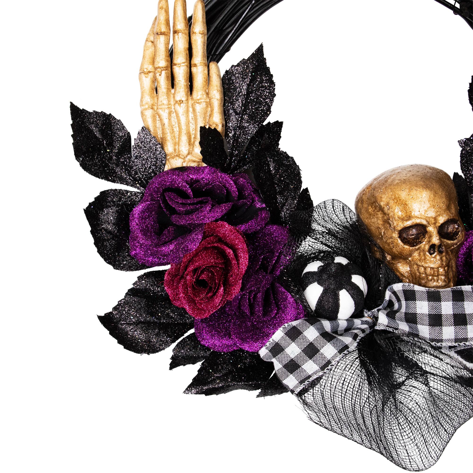 22" Skull with Hands & Purple Roses Halloween Twig Wreath
