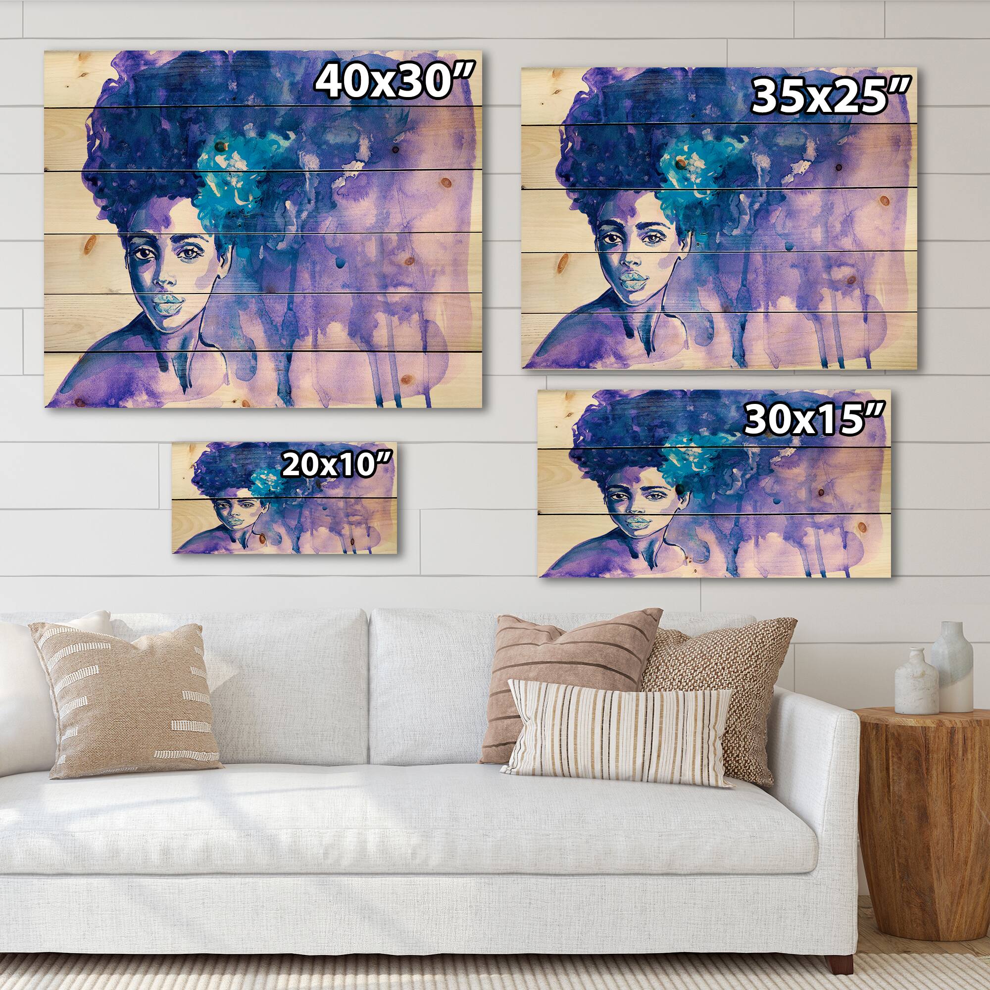 Designart - Glorious Blue Portrait of African American Woman - Modern Print on Natural Pine Wood