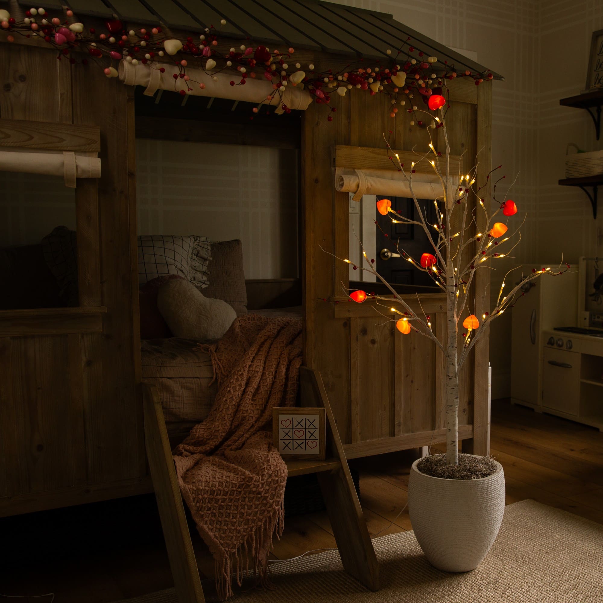 4ft. Pre-Lit Artificial Valentine's Day Twig Tree with 48 Heart Shaped LED Lights and Red Berries