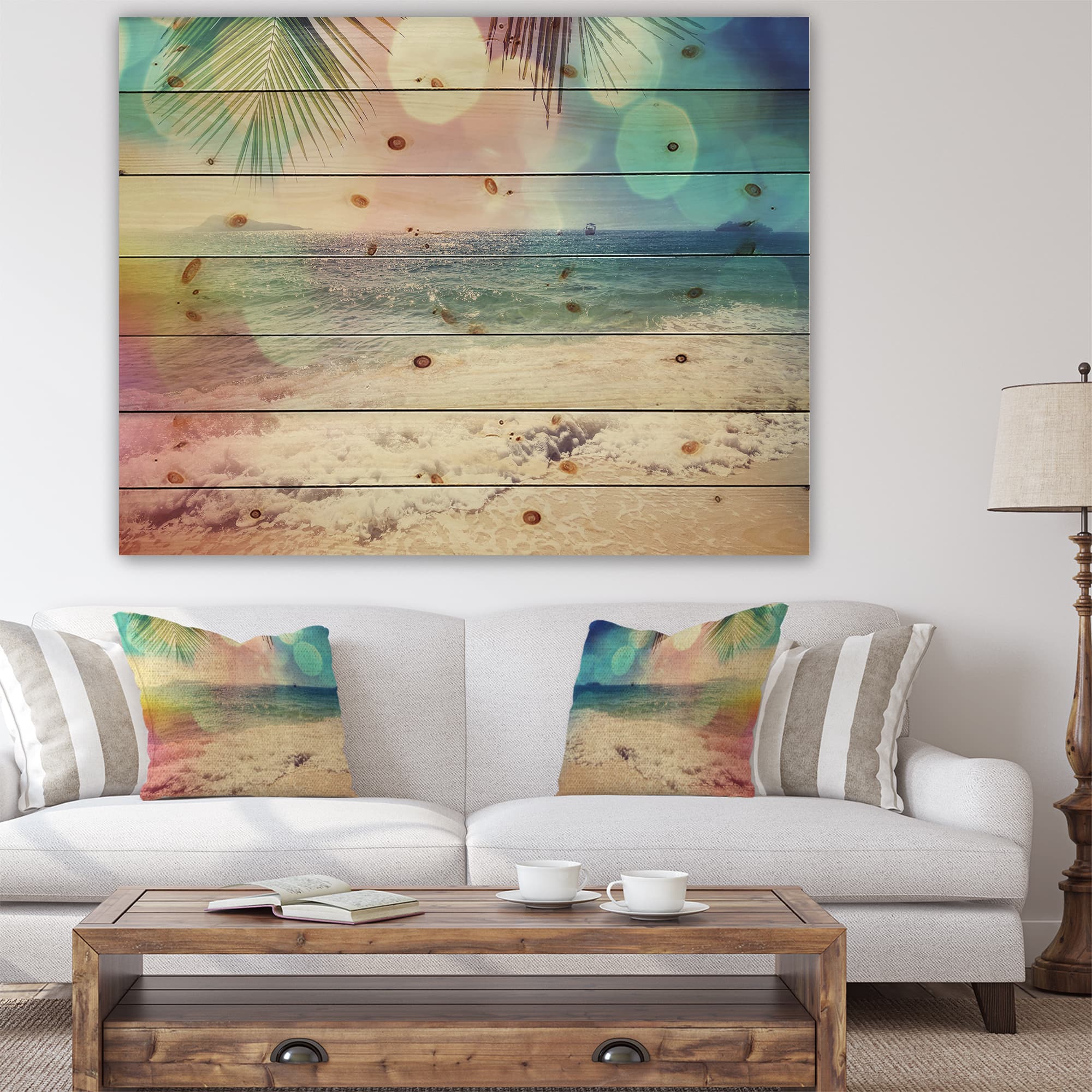 Designart - Colorful Serenity Tropical Beach - Seashore Print on Natural Pine Wood