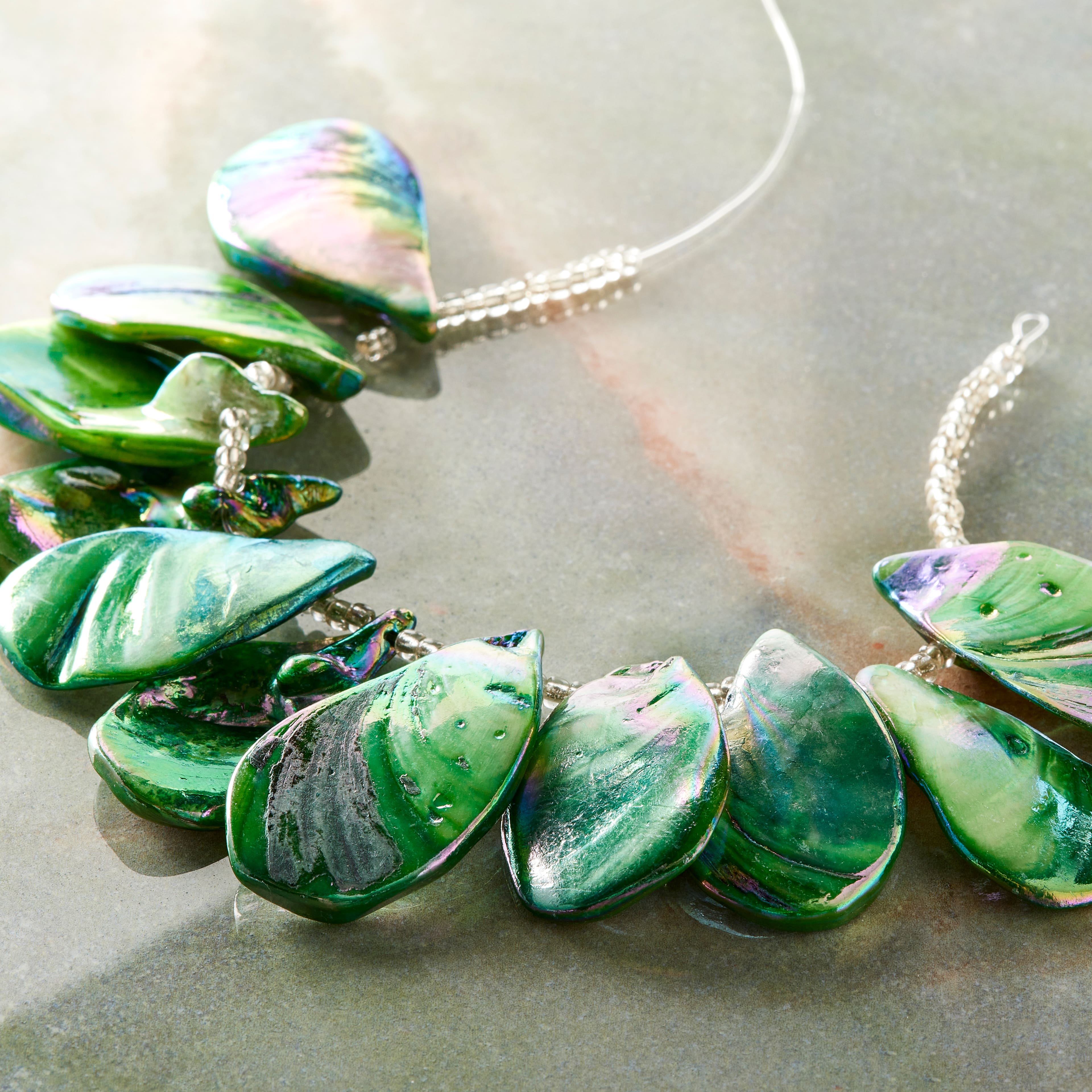 Green Aurora Borealis Shell Teardrop Beads, 32mm by Bead Landing™