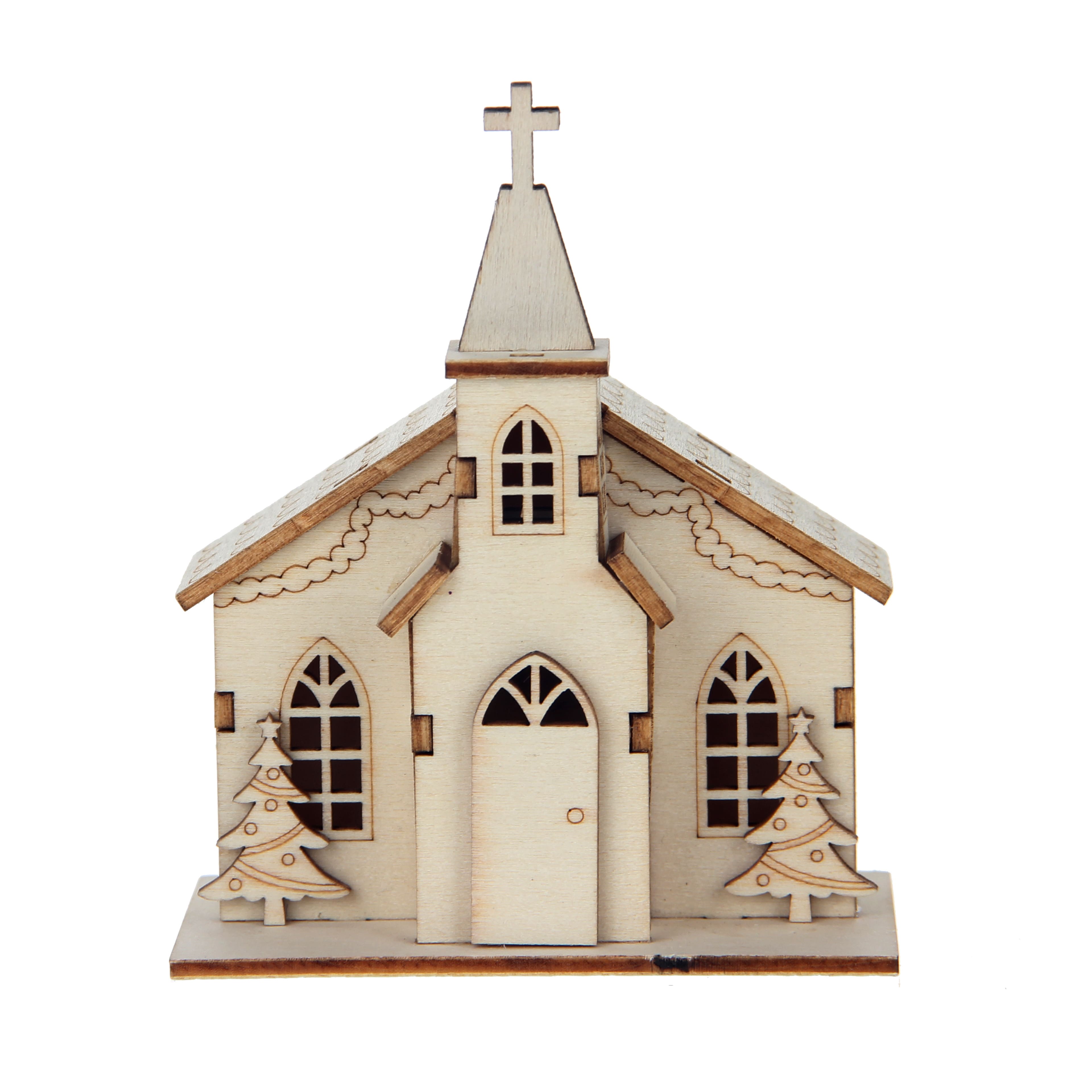 4.5&#x22; Unfinished Village Church DIY LED Wood D&#xE9;cor by Make Market&#xAE;