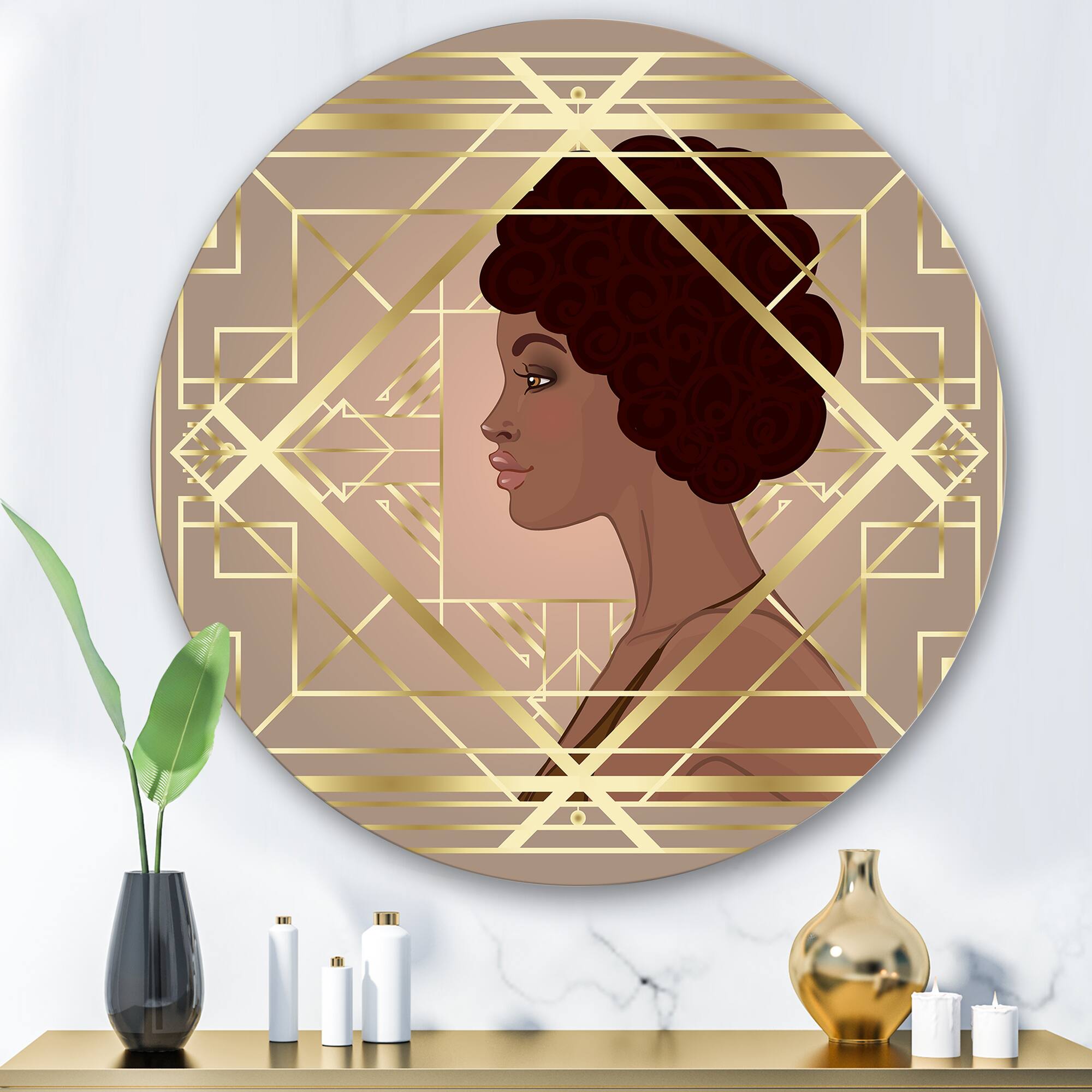 Designart - Retro Women In Golden Art Deco Geometrics II - Modern Metal Circle Wall Art