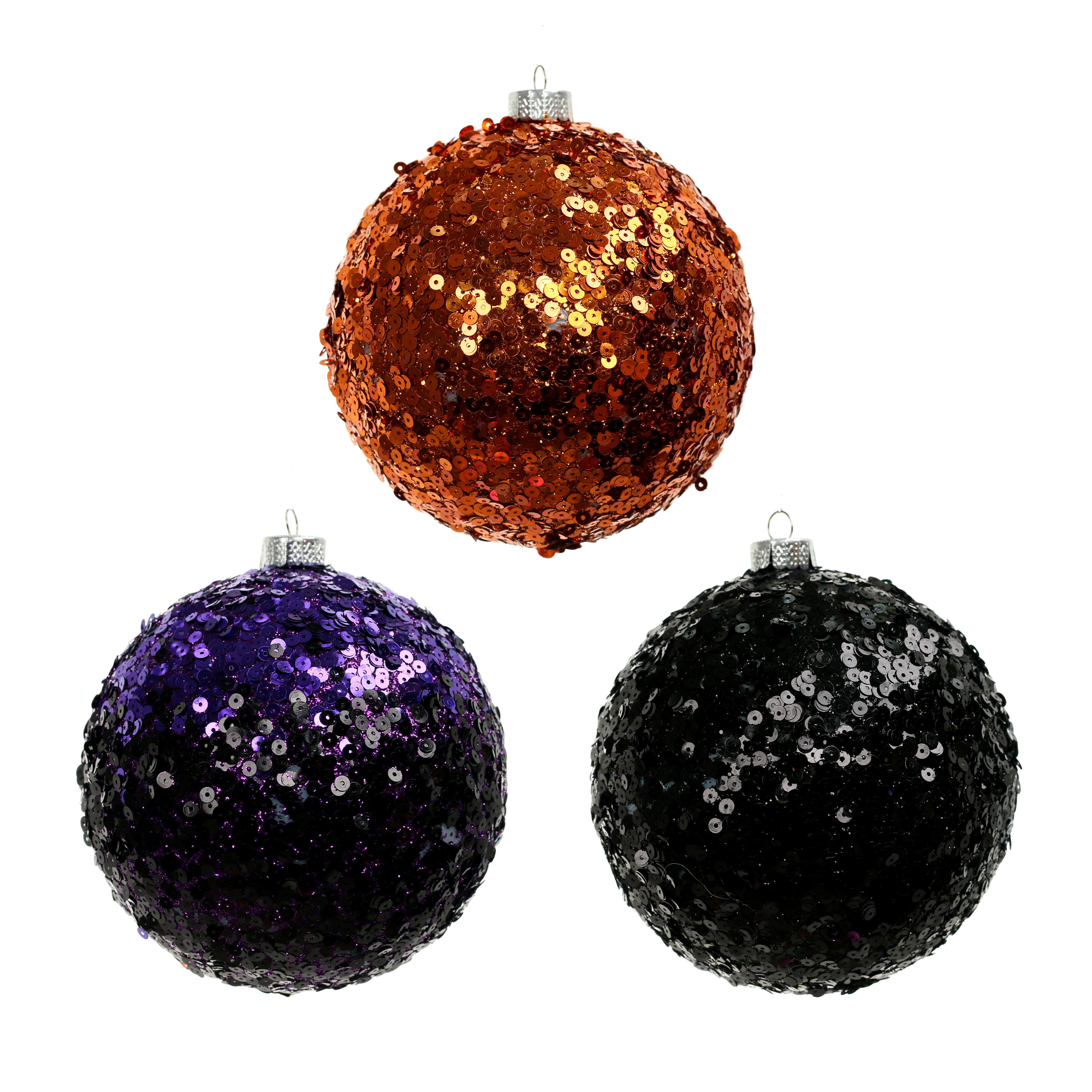 4.75&#x22; Orange, Black &#x26; Purple Sequin Plastic Ball Ornament Set by Ashland&#xAE;