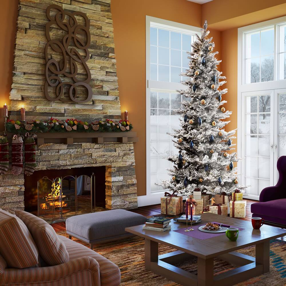 7.5ft. Pre-Lit Flocked Kiana Artificial Christmas Tree, White Low Voltage LED Lights