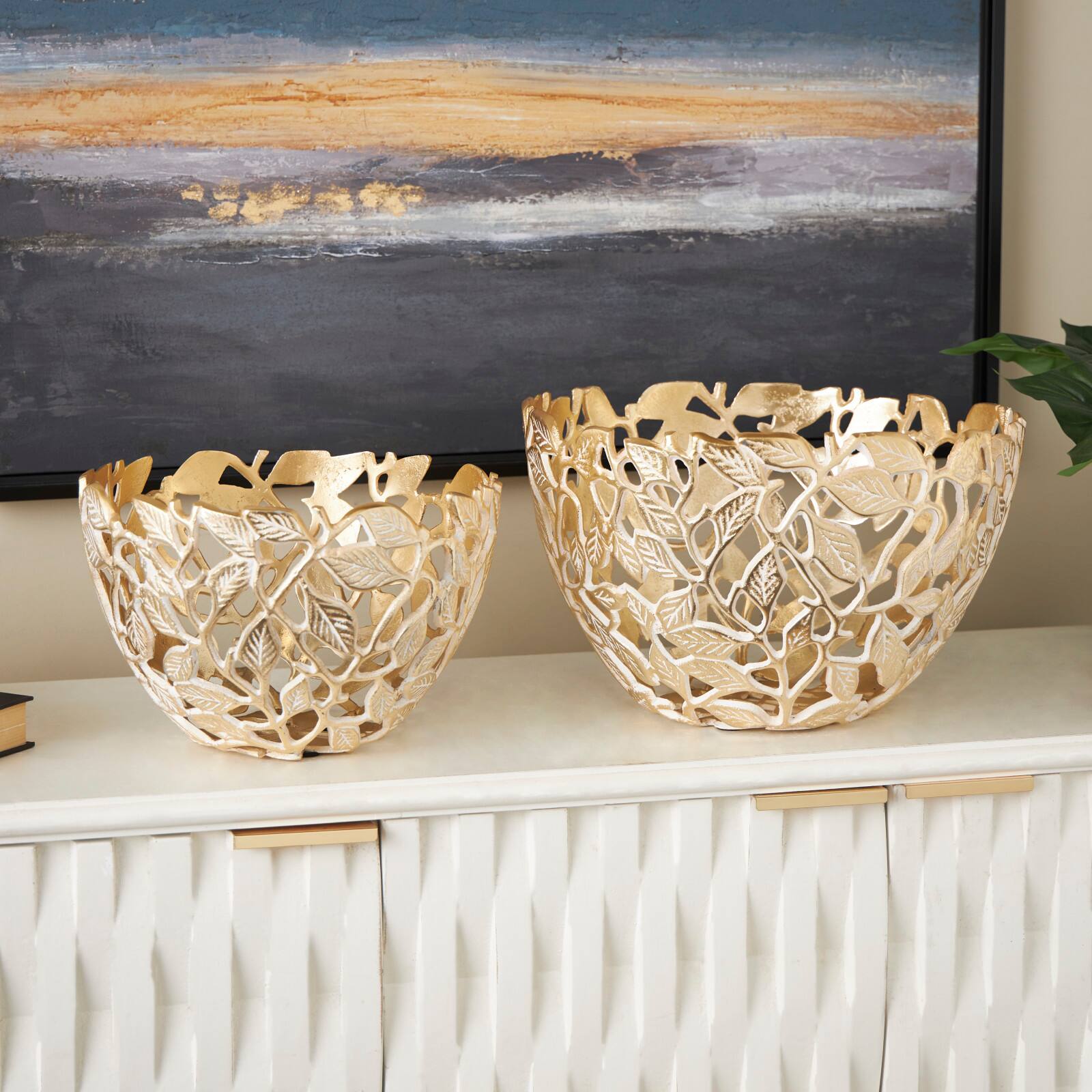 Gold &#x26; White Aluminum Leaf Decorative Bowl Set
