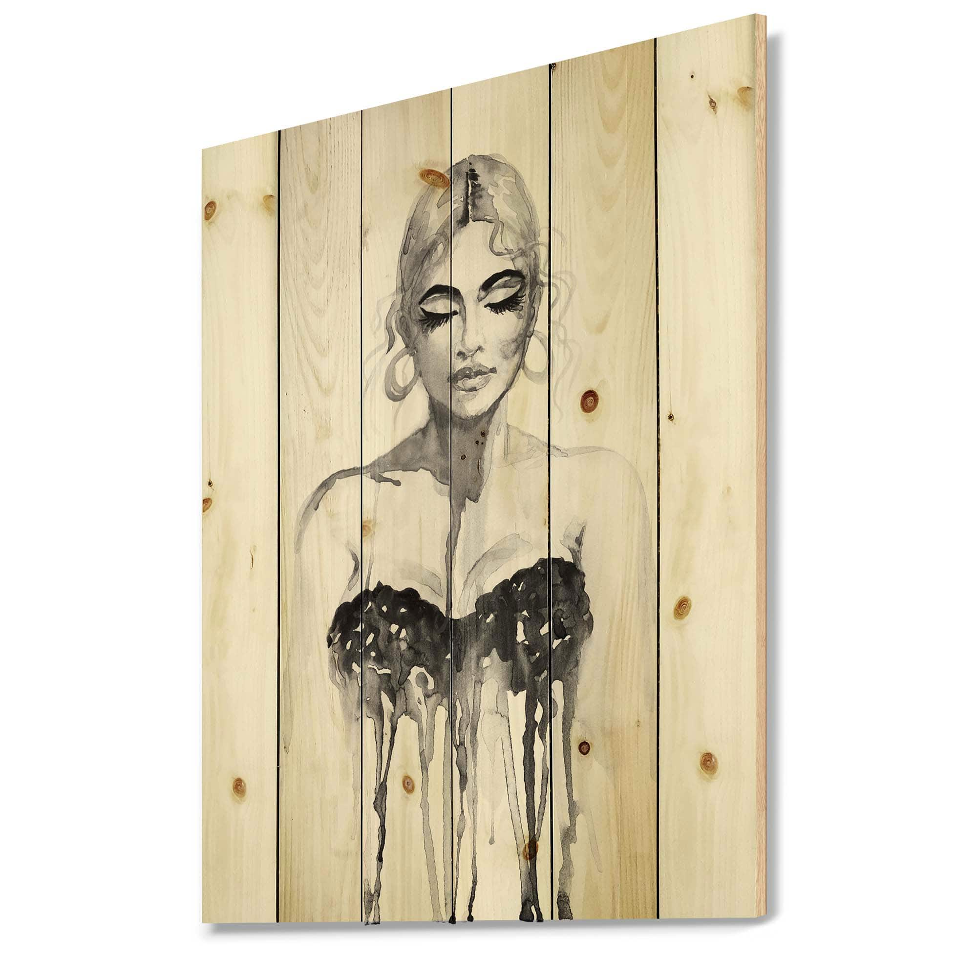 Designart - Monochrome Portrait of Woman Wearing Evening Dress - Modern Print on Natural Pine Wood